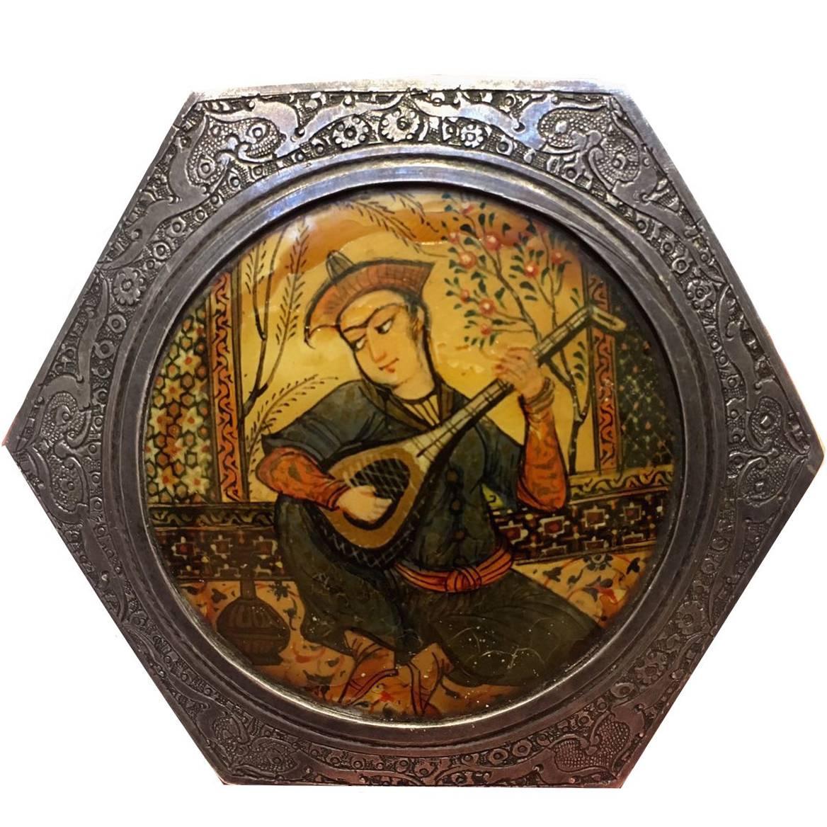 20th Century, Engraved Silver Box with a Qajari Musician on the Top For Sale