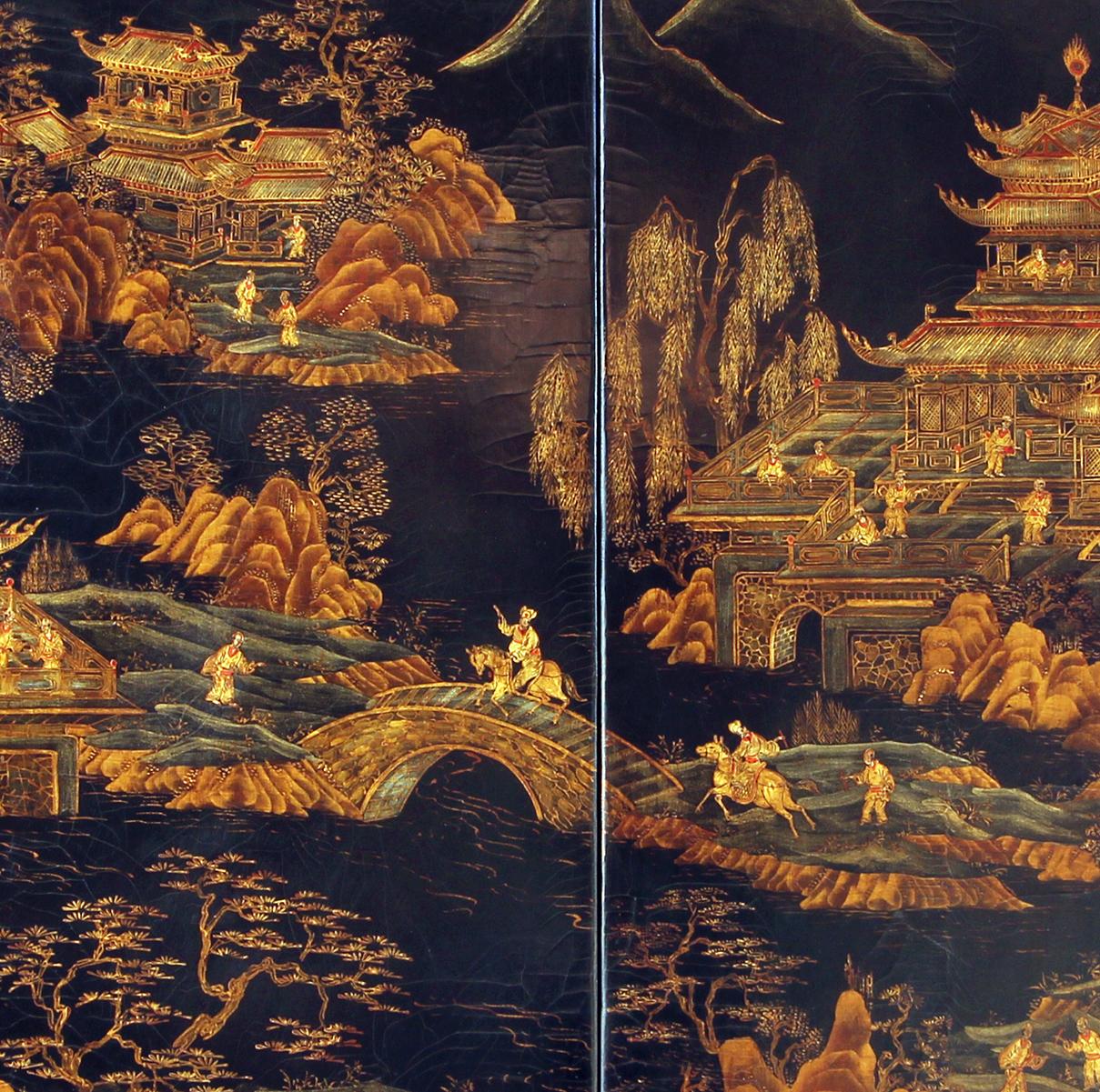 Painted 20th Chinese Screen in Black Lacquered Wood and Decorated in Gold