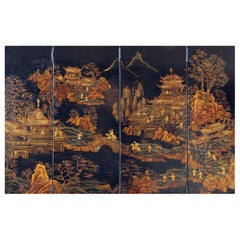 20th Chinese Screen in Black Lacquered Wood and Decorated in Gold