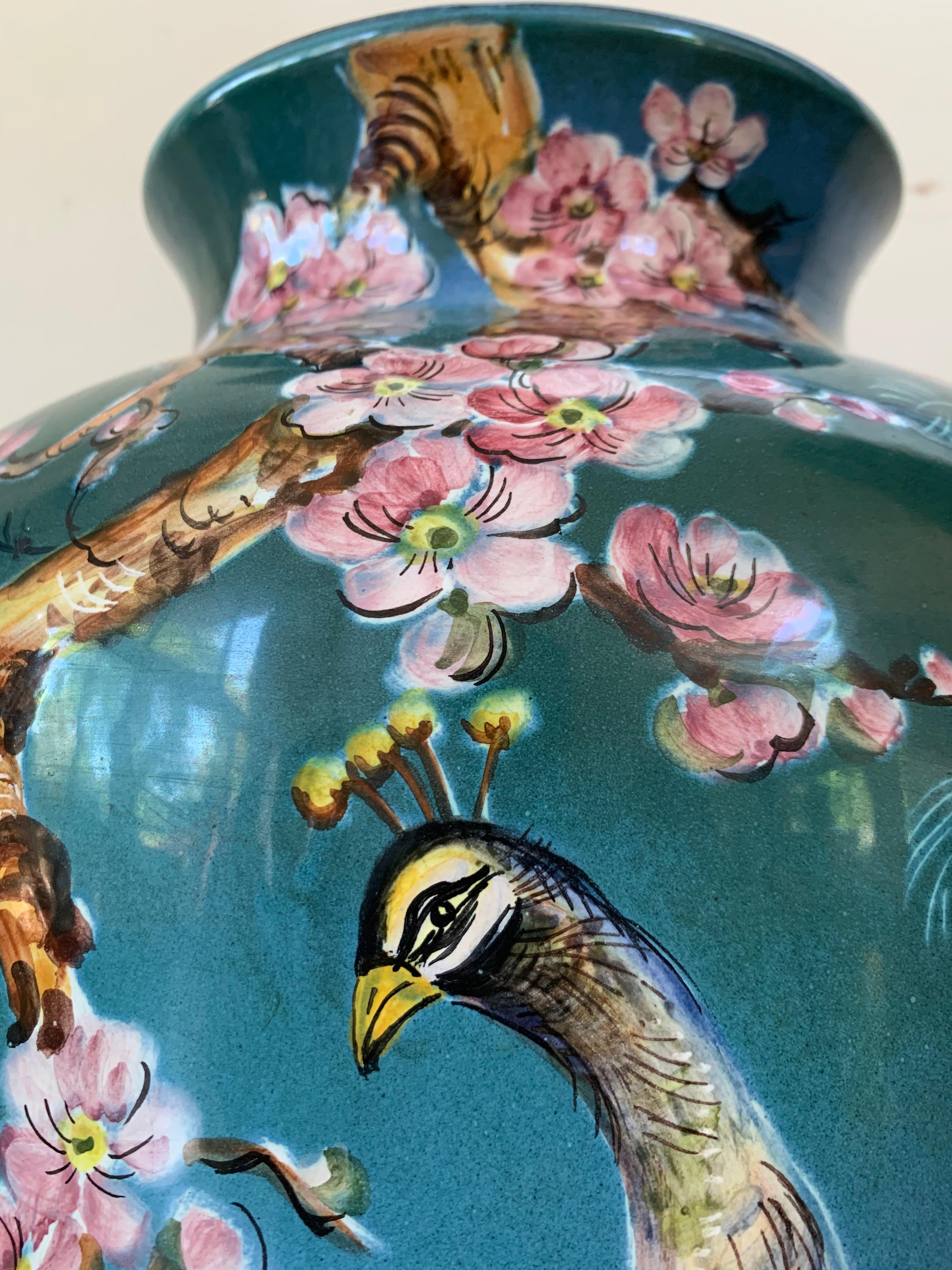 Mid-Century Modern 20th Colorful German Baluster Peacock Vase by Ulmer Keramik For Sale
