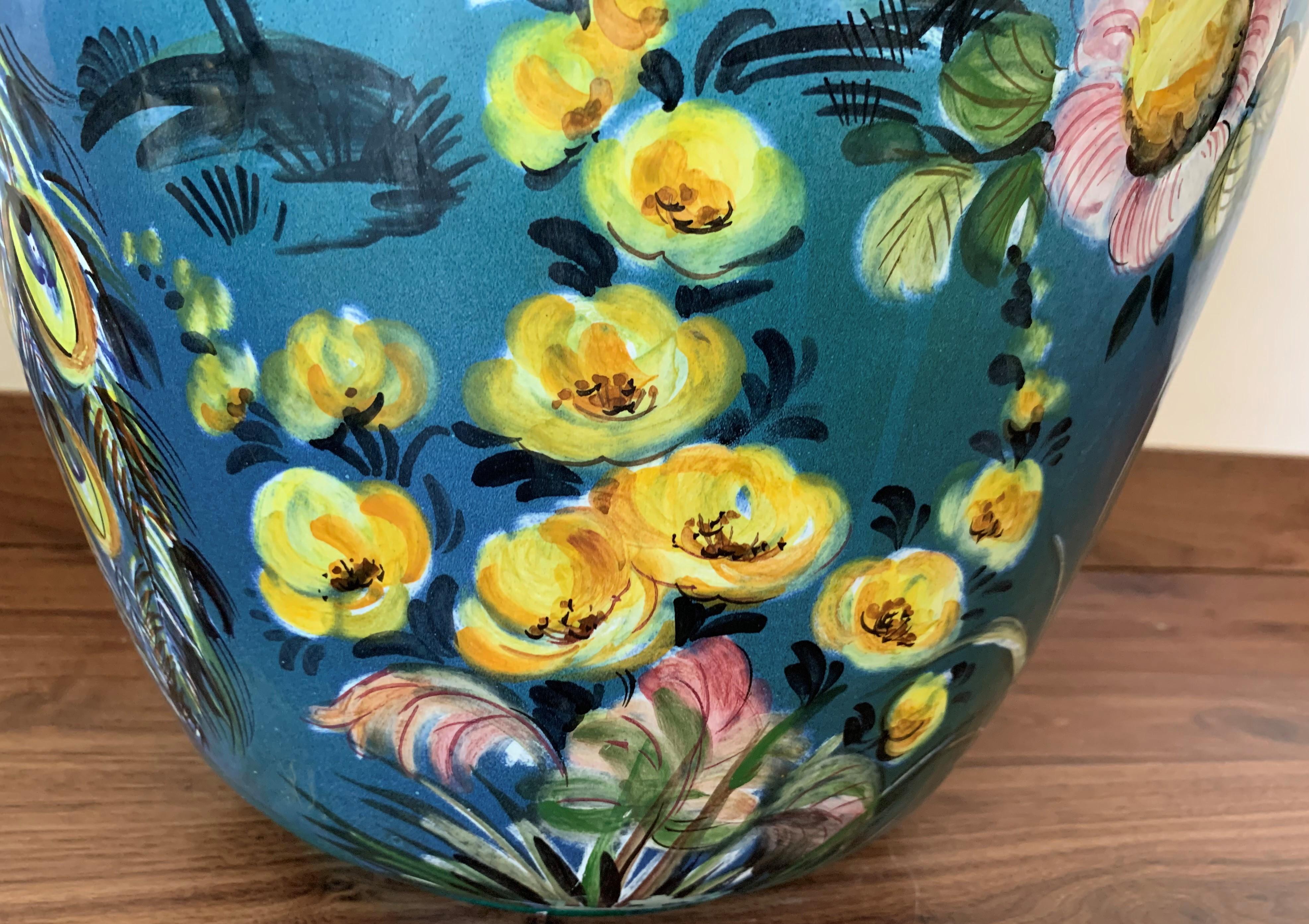 Ceramic 20th Colorful German Baluster Peacock Vase by Ulmer Keramik For Sale