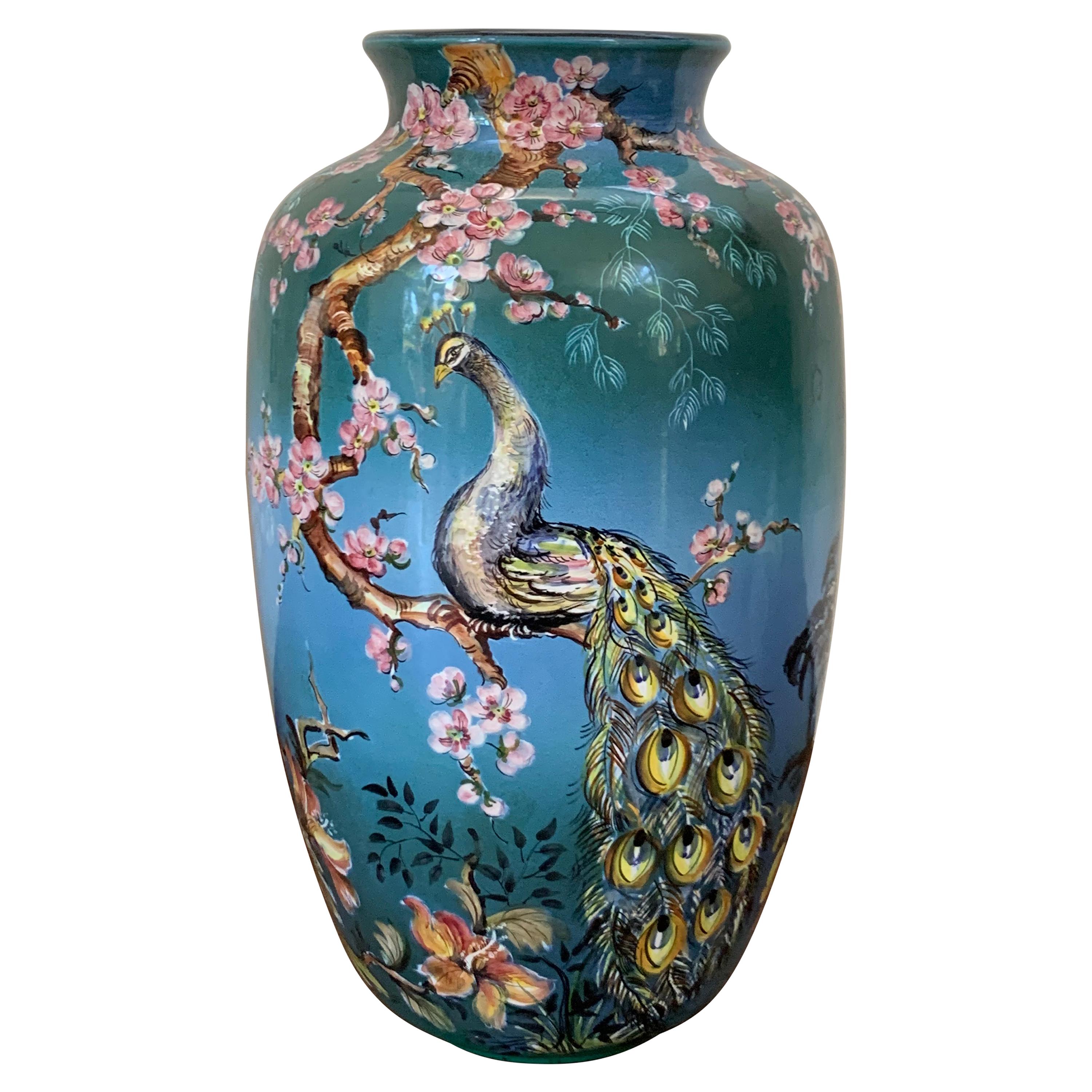 20th Colorful German Baluster Peacock Vase by Ulmer Keramik For Sale