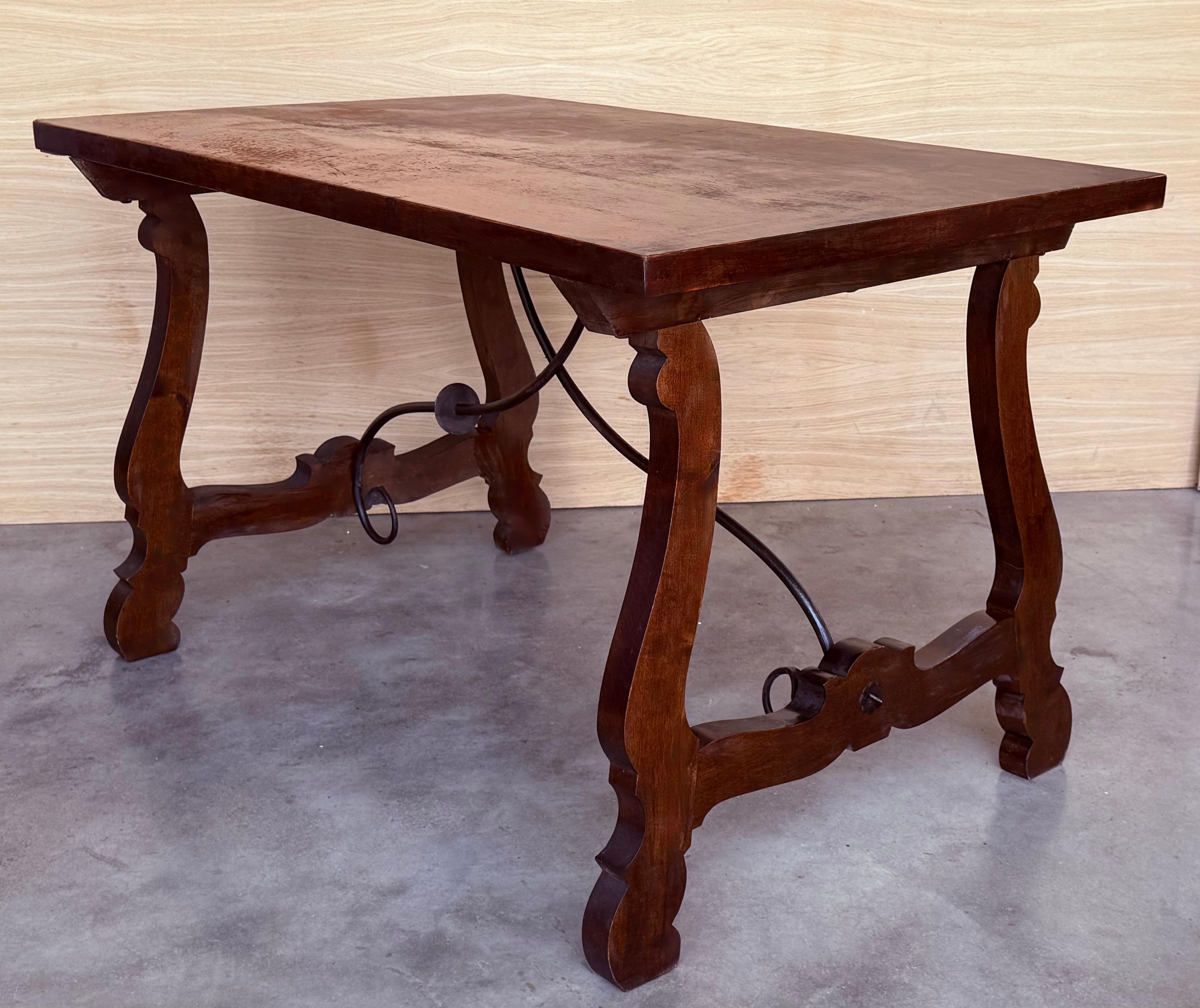 Fer 20th Dining or Console Table of Walnut with Lyre Legs and Heavy Top, Spain en vente