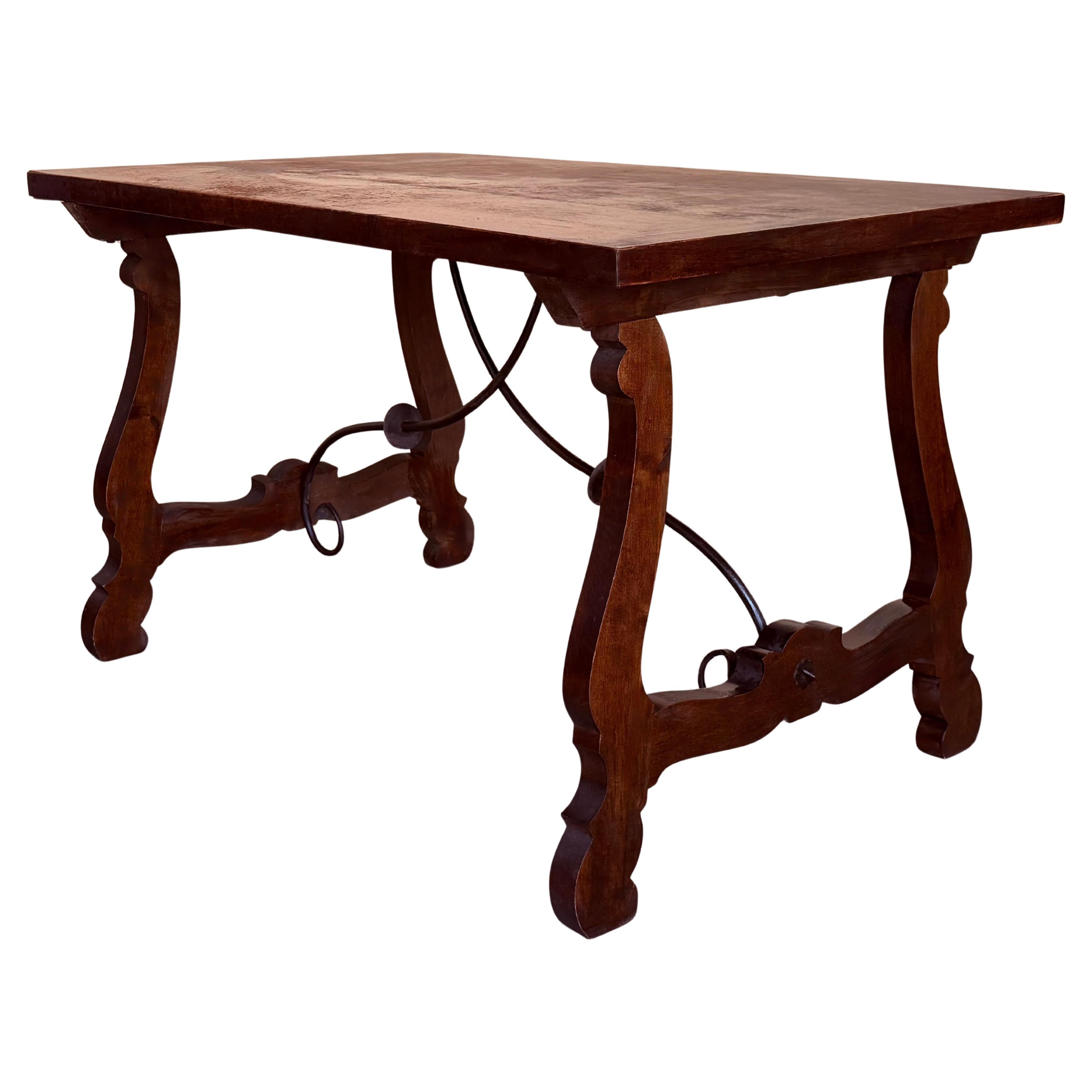 20th Dining or Console Table of Walnut with Lyre Legs and Heavy Top, Spain