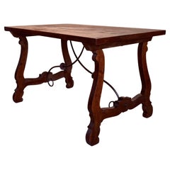 20th Dining or Console Table of Walnut with Lyre Legs and Heavy Top, Spain