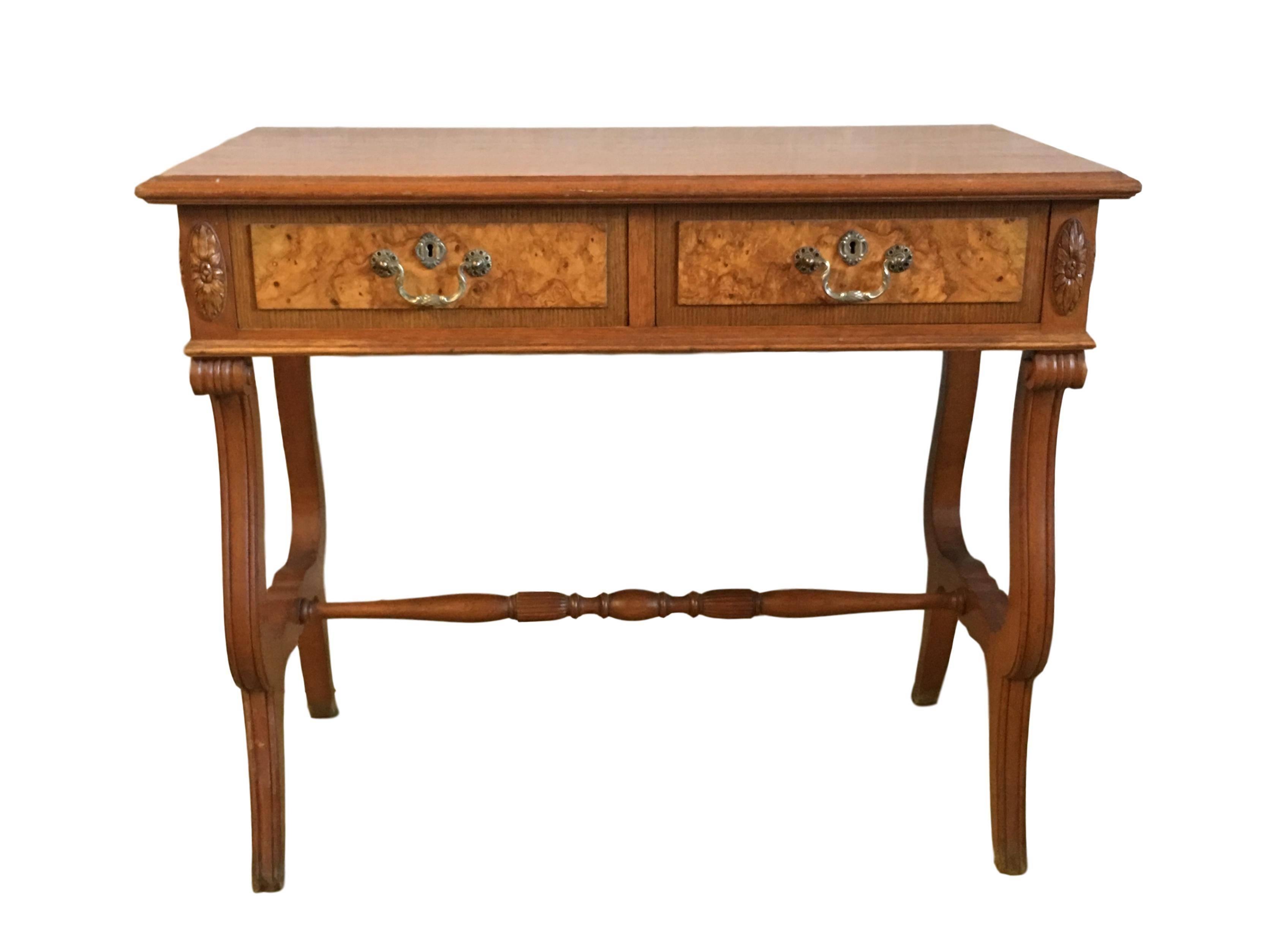 European 20th English Georgian Oak Two Drawers Lowboy or Desk with Lyre Legs For Sale