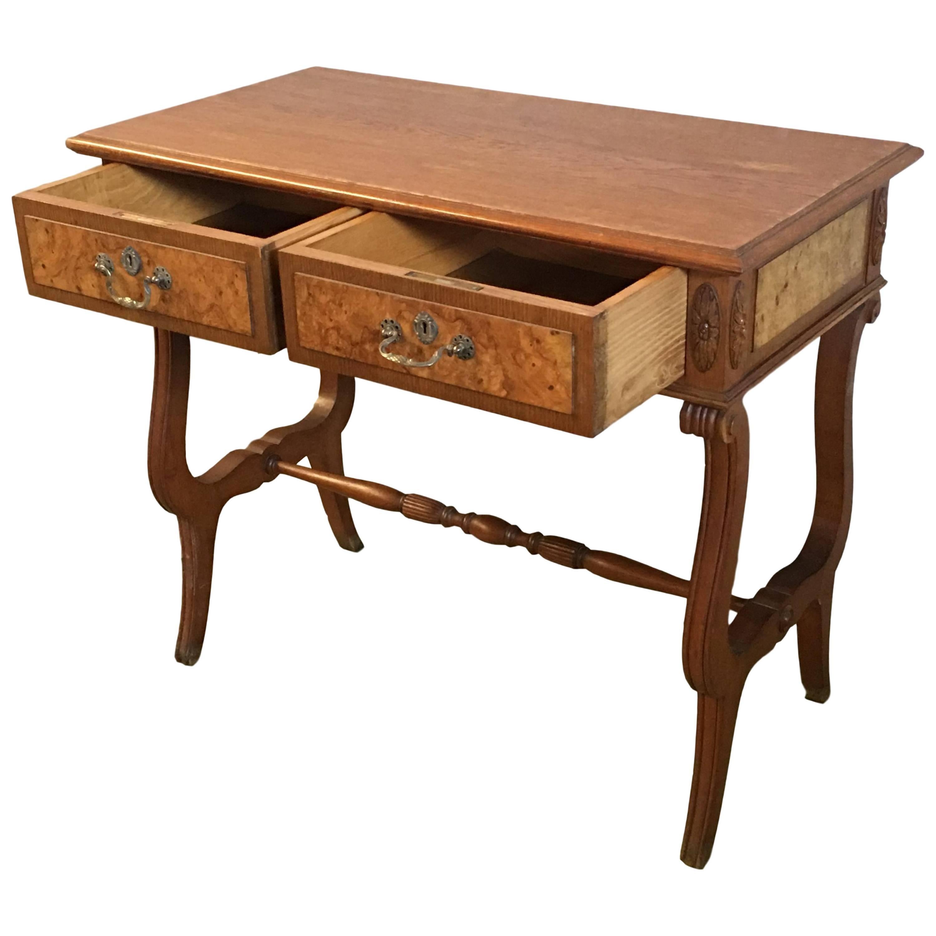 20th English Georgian Oak Two Drawers Lowboy or Desk with Lyre Legs For Sale