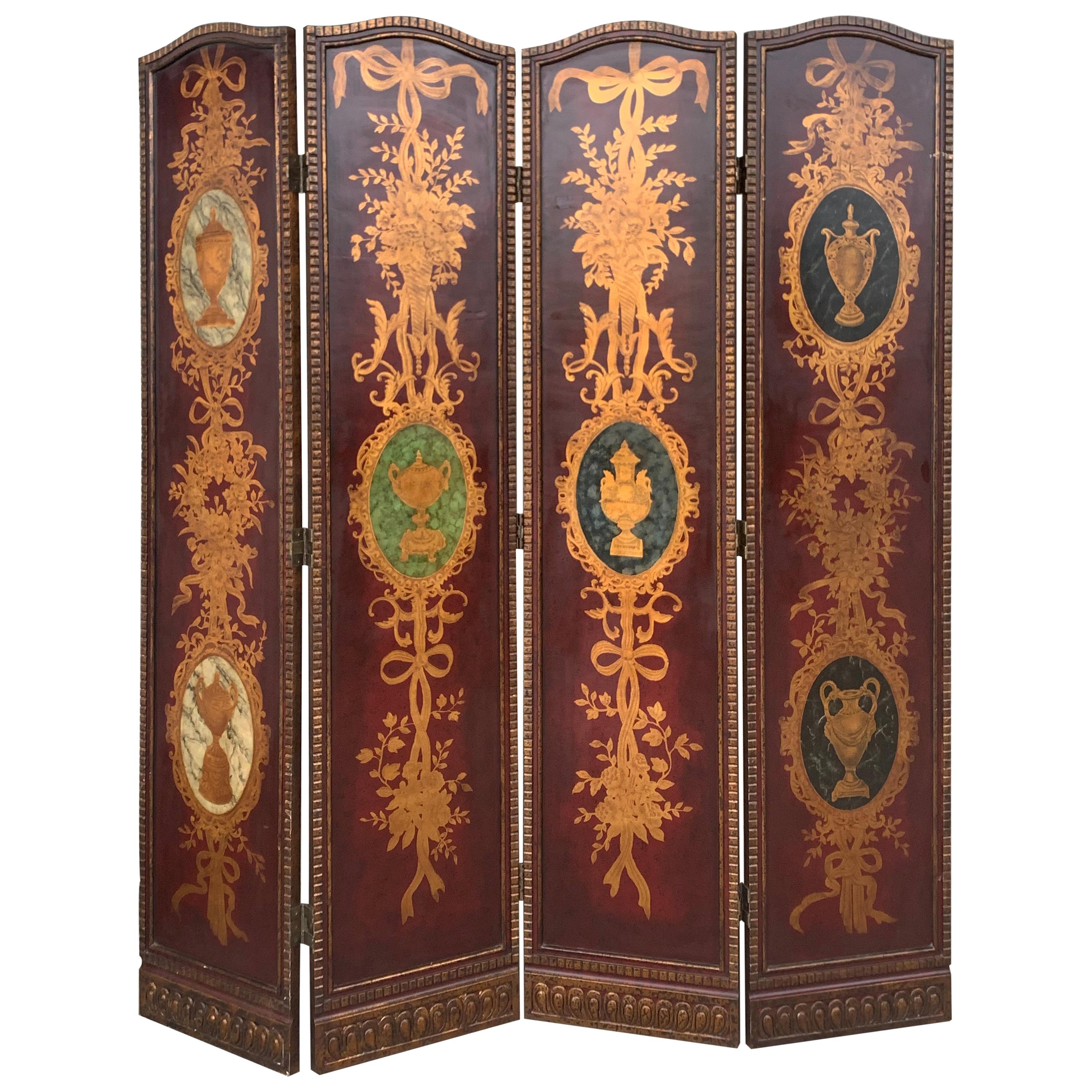 20th Century Four Panel Hand Painted Screen