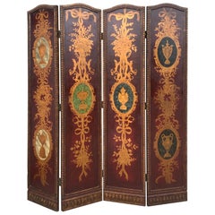 Retro 20th Century Four Panel Hand Painted Screen