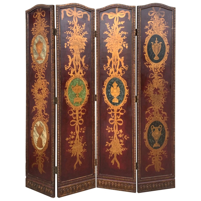 20th Century Four Panel Hand Painted Screen For Sale