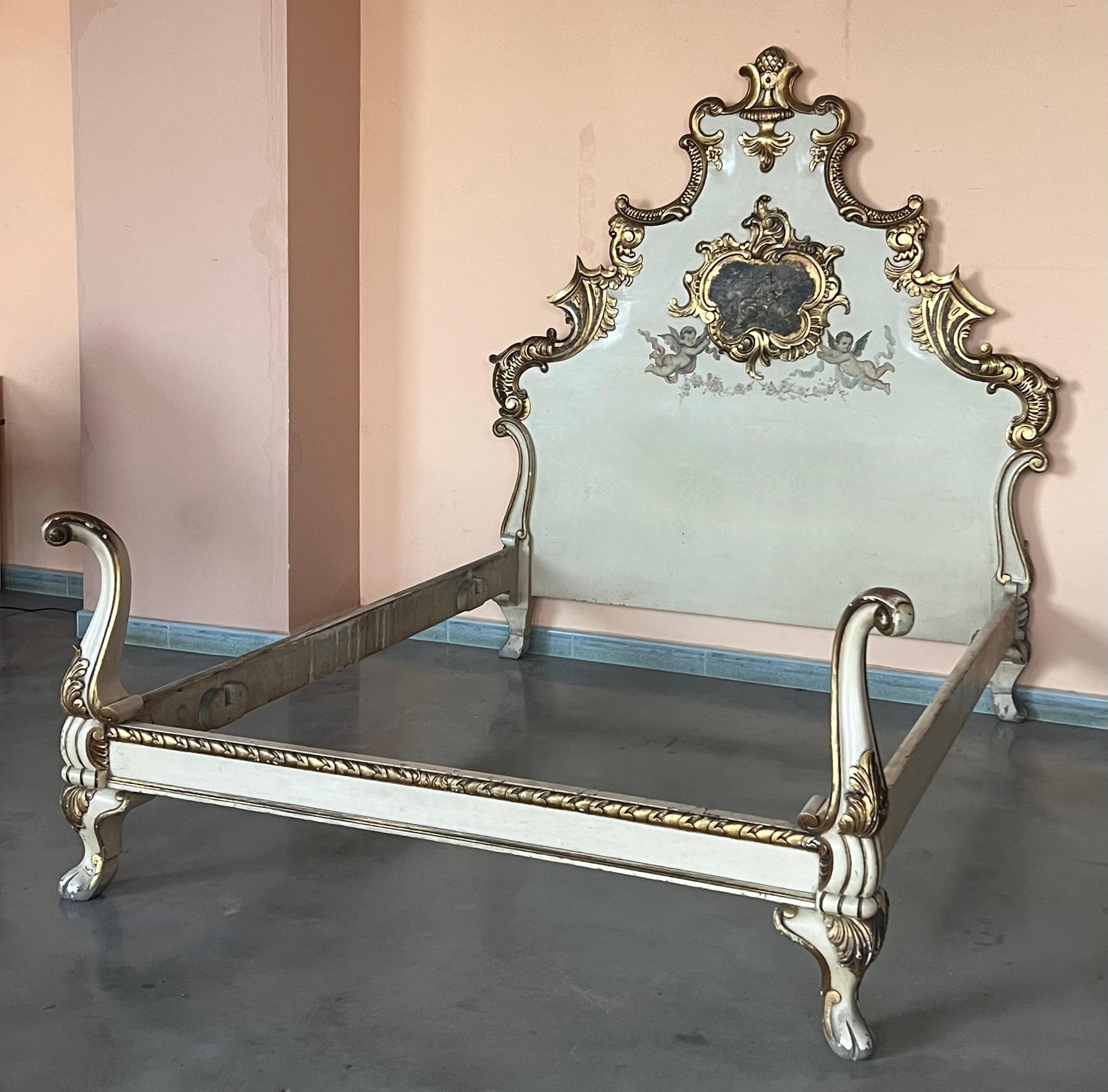 Neoclassical 20th French Antique White and Giltwood Queen Bed with Original Painting For Sale