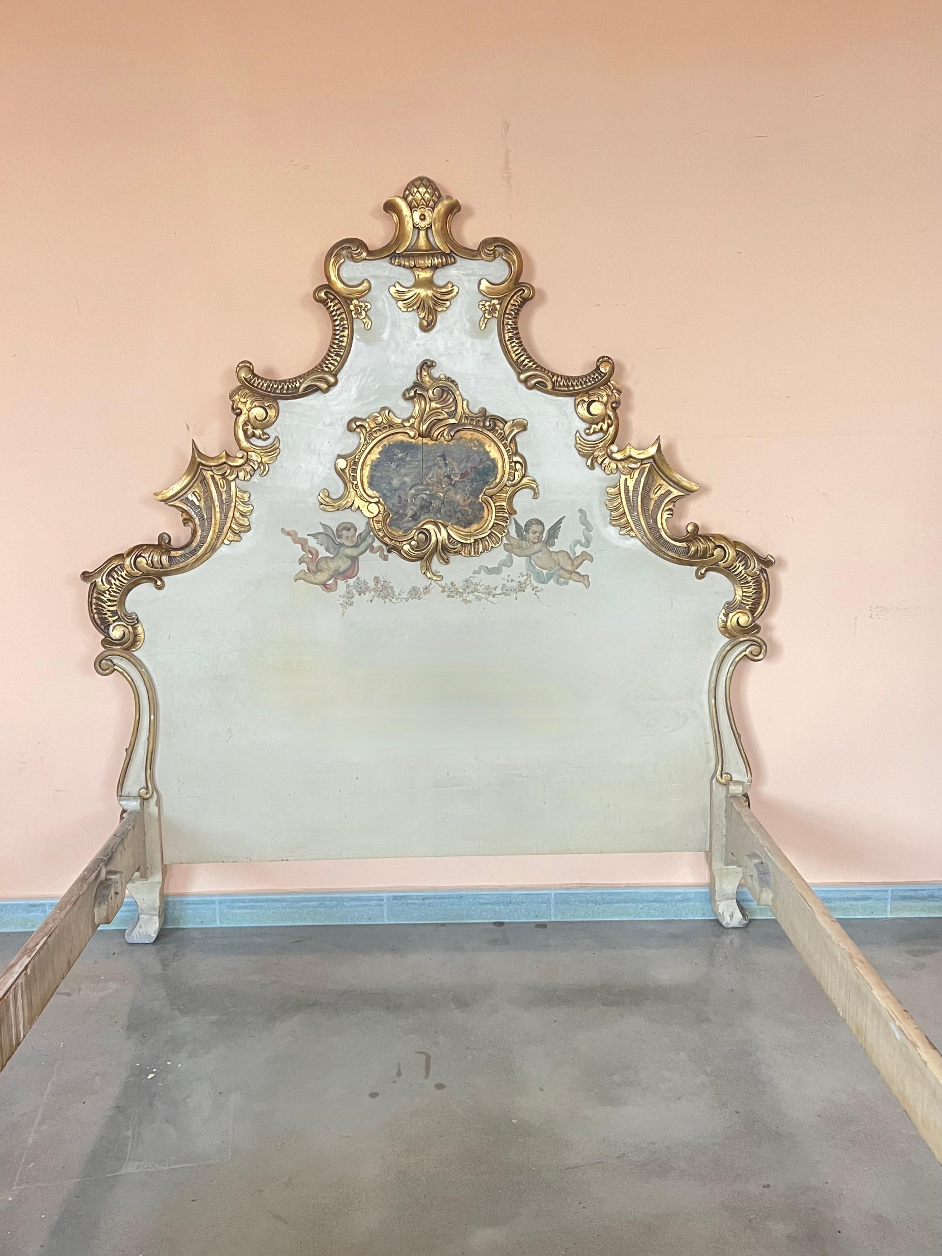 20th Century 20th French Antique White and Giltwood Queen Bed with Original Painting