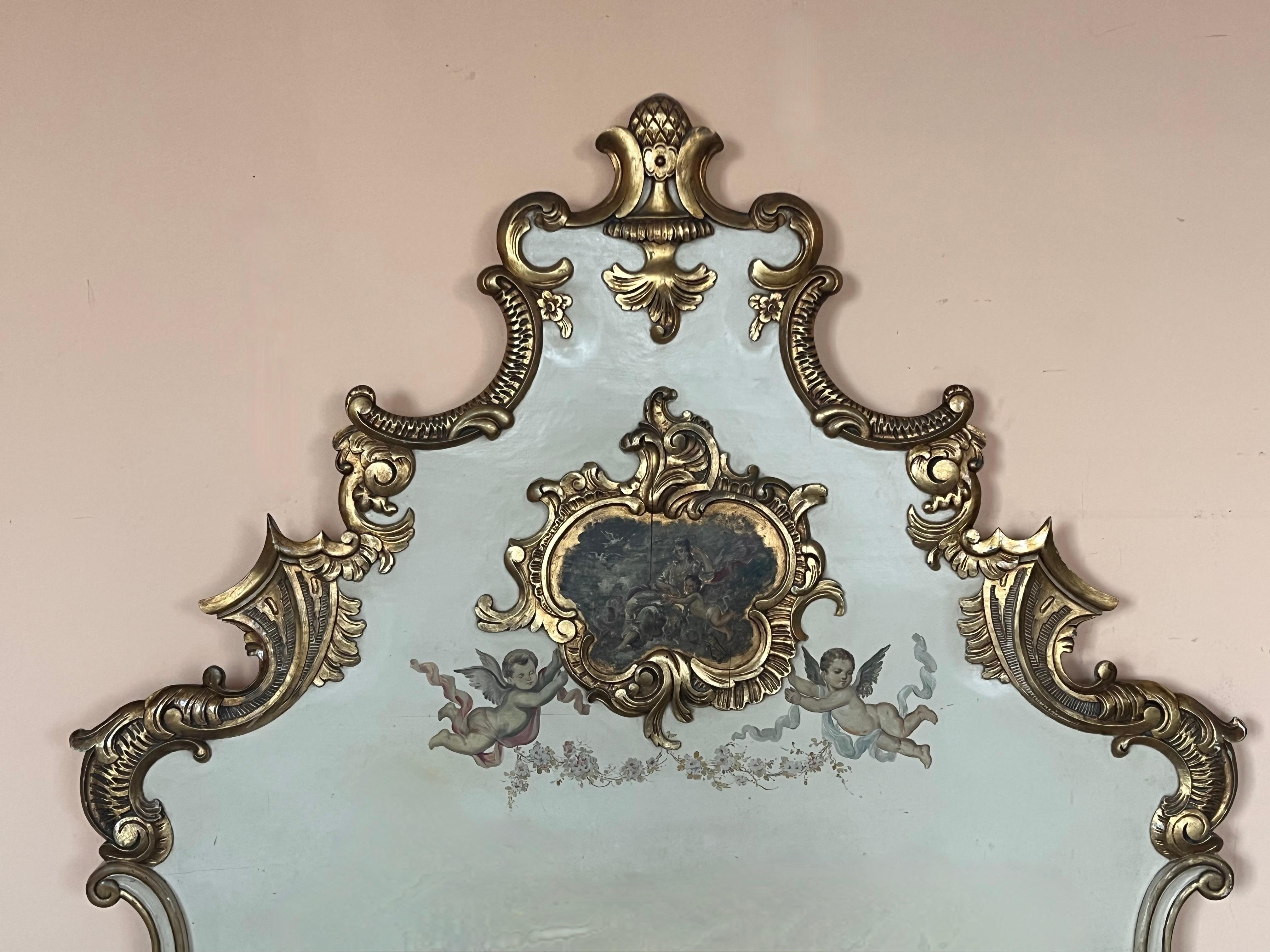Wood 20th French Antique White and Giltwood Queen Bed with Original Painting