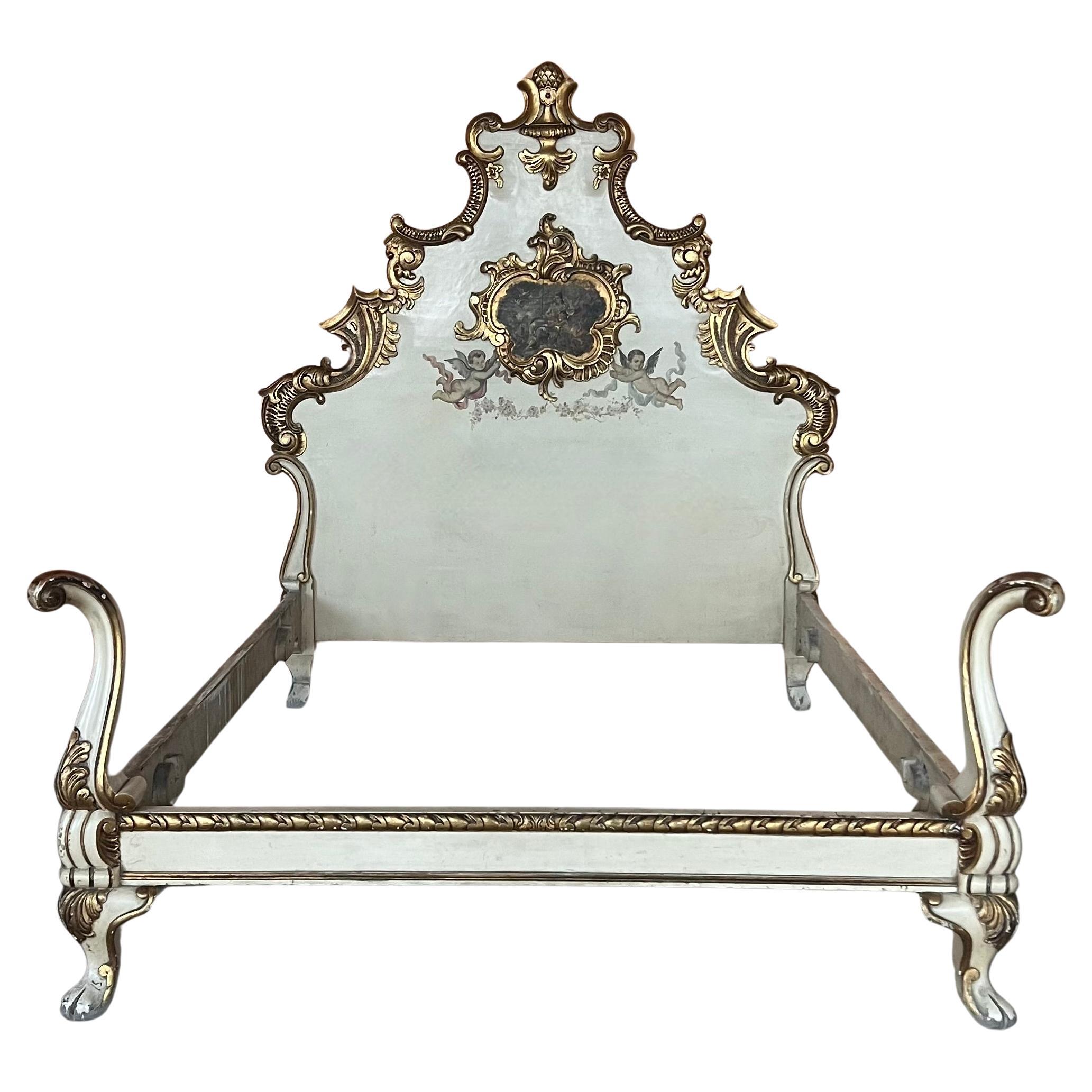 20th French Antique White and Giltwood Queen Bed with Original Painting For Sale