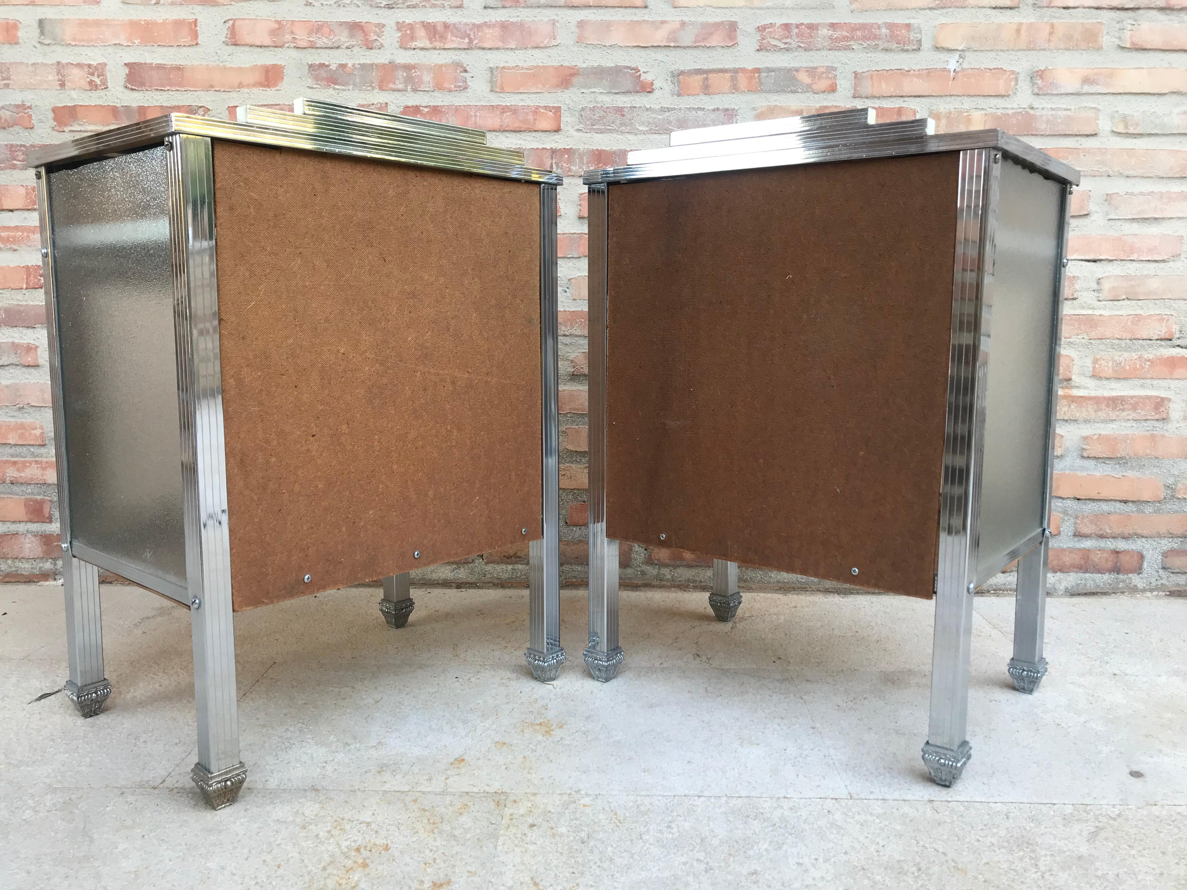 20th French Art Deco Pair of Brass Side Table or Nightstands, Drawer and Door 2