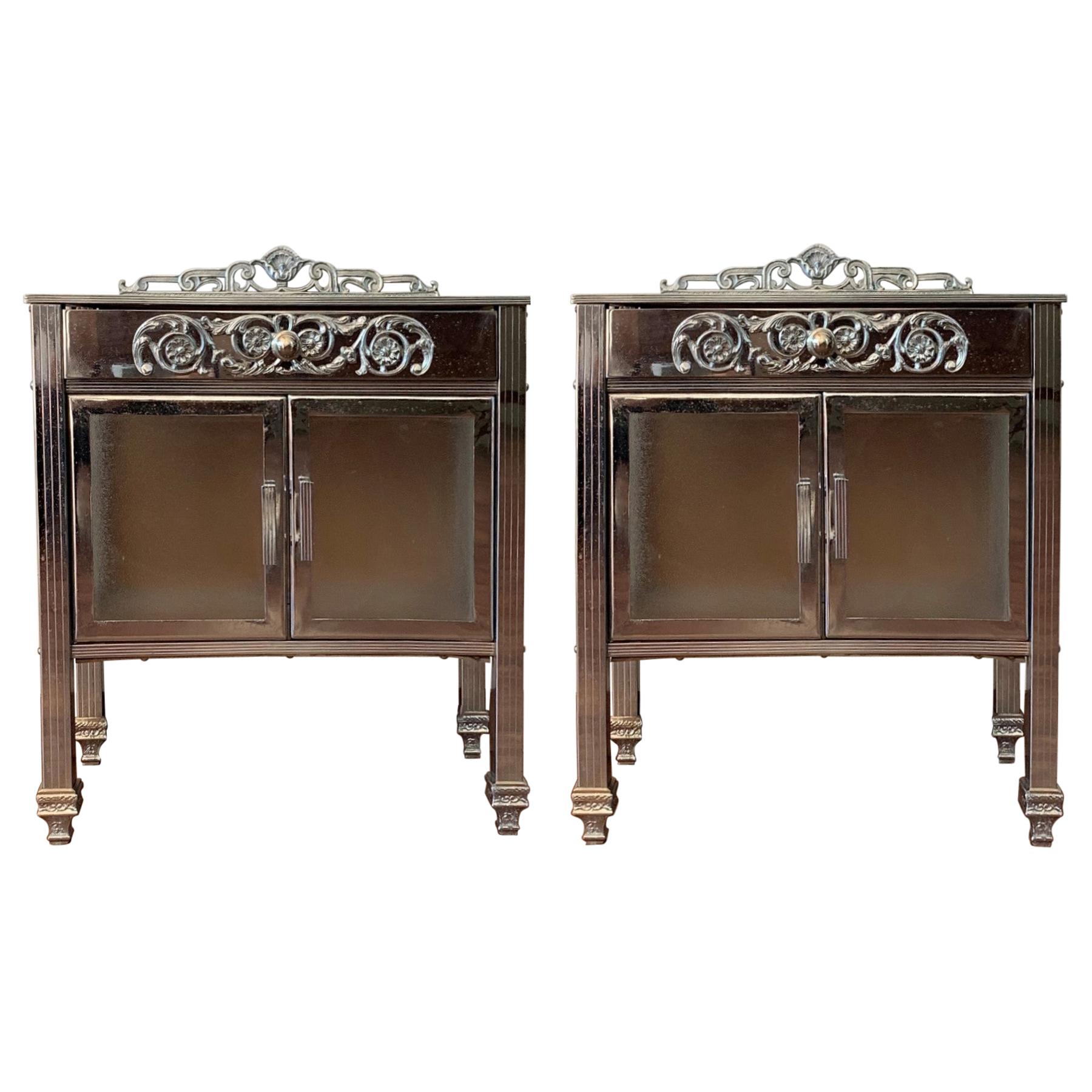 French Art Deco Pair of Brass Side Table or Nightstands, Drawer and Door