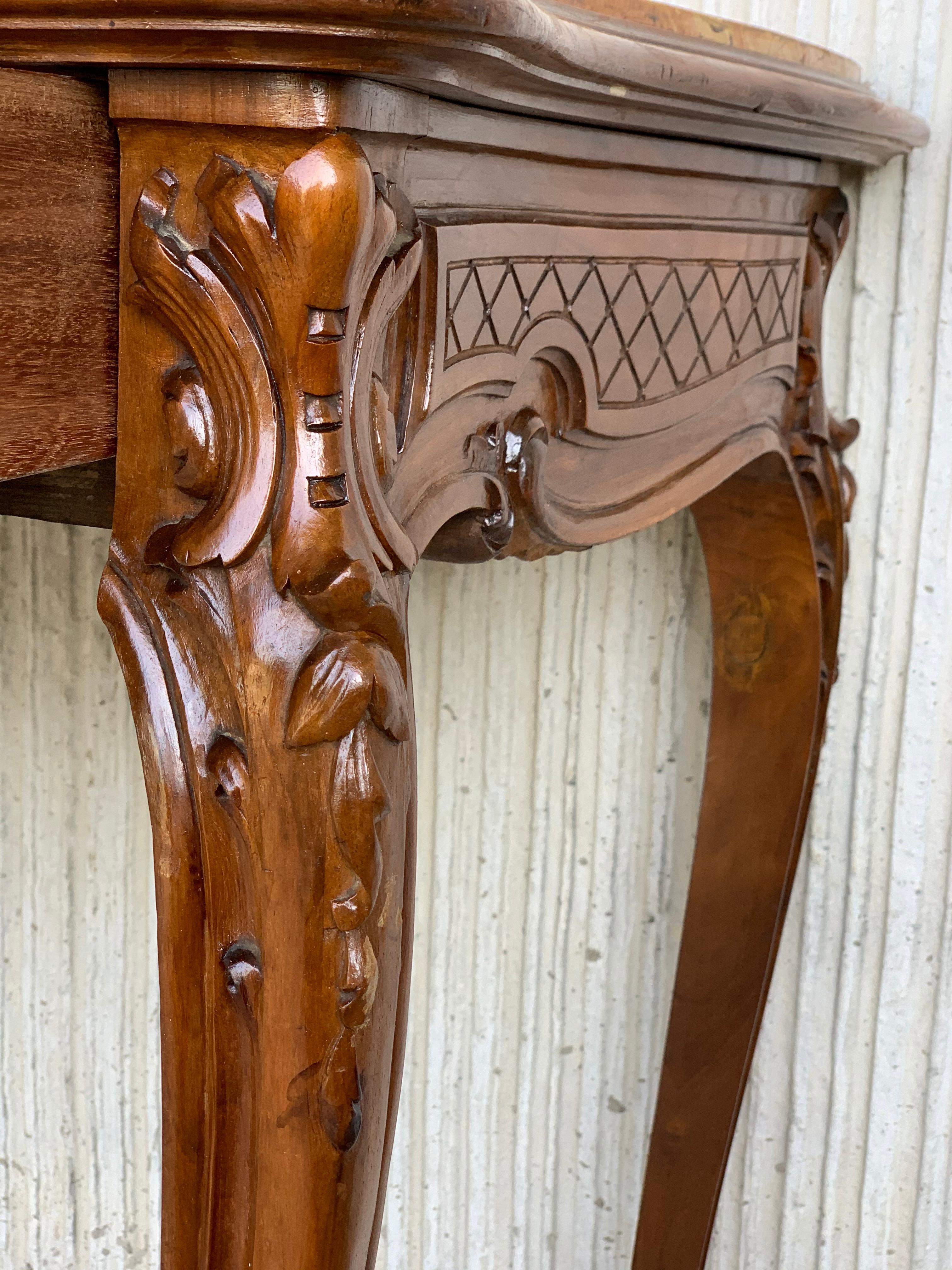 20th French Century Marble Top Walnut Console Table with Drawer For Sale 4