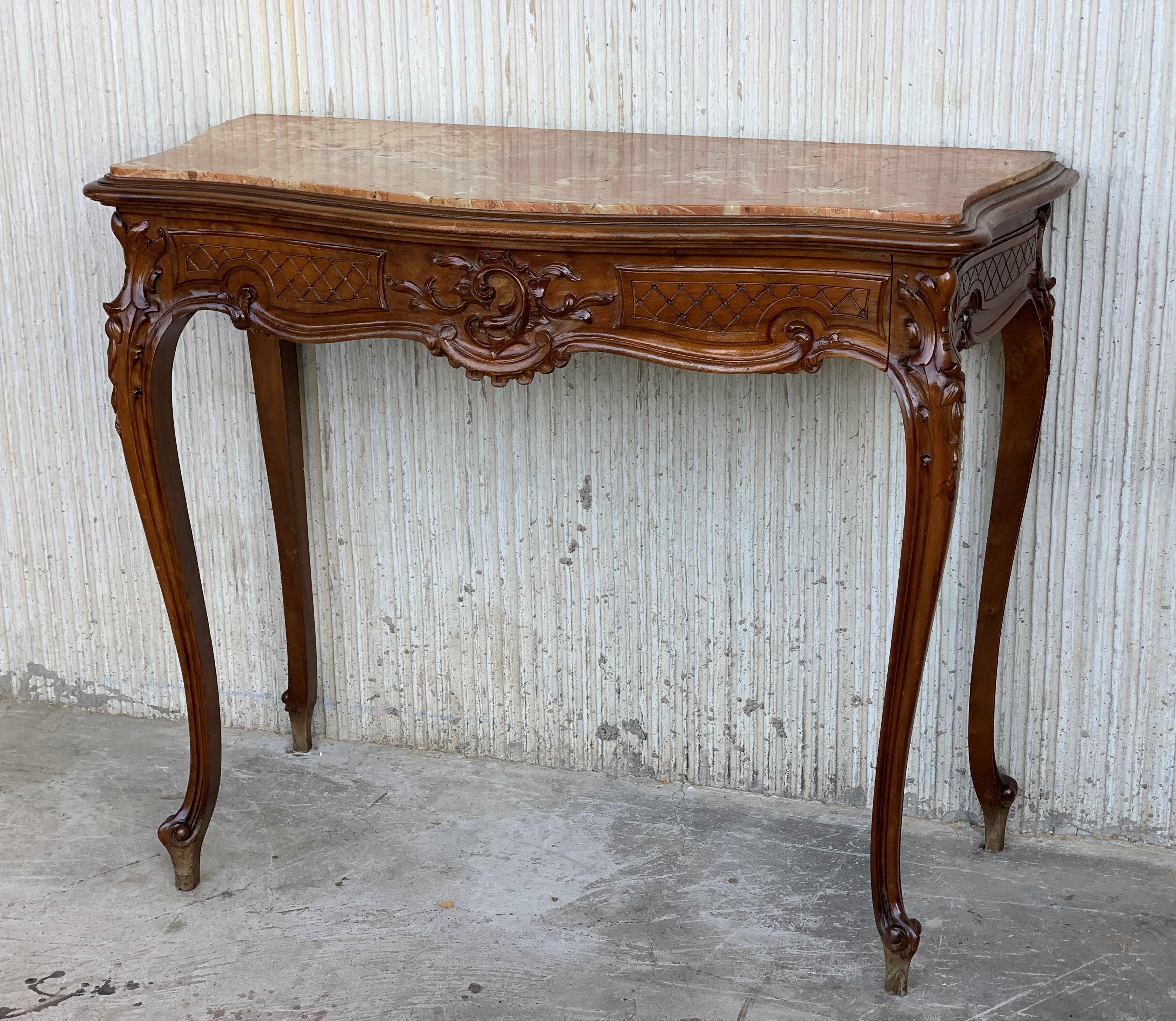 Biedermeier 20th French Century Marble Top Walnut Console Table with Drawer For Sale