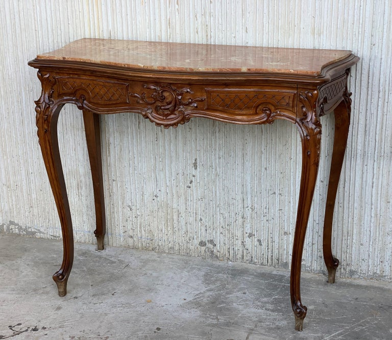 20th French Century Marble Top Walnut Console Table with Drawer For Sale at 1stDibs