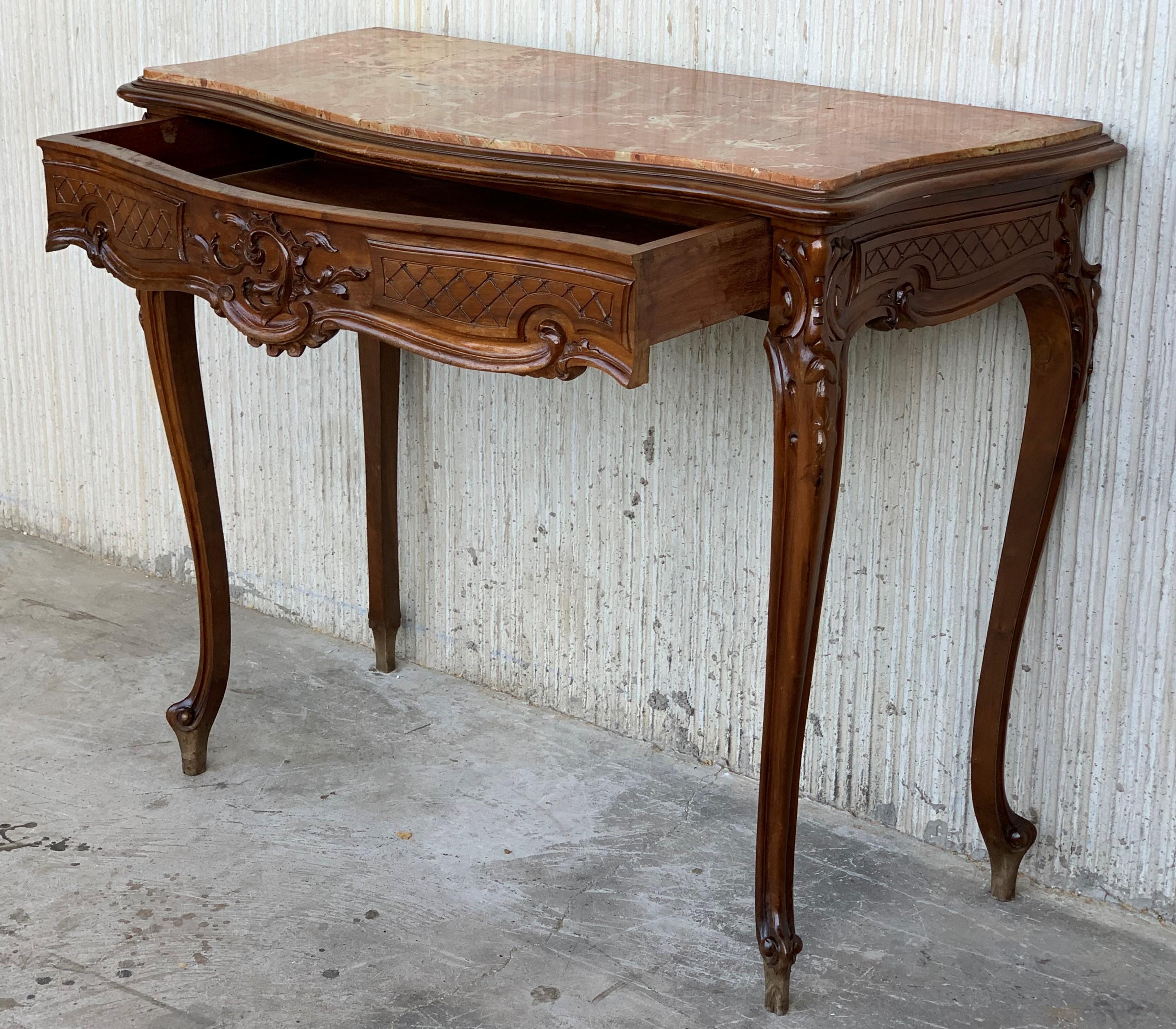 Spanish 20th French Century Marble Top Walnut Console Table with Drawer For Sale