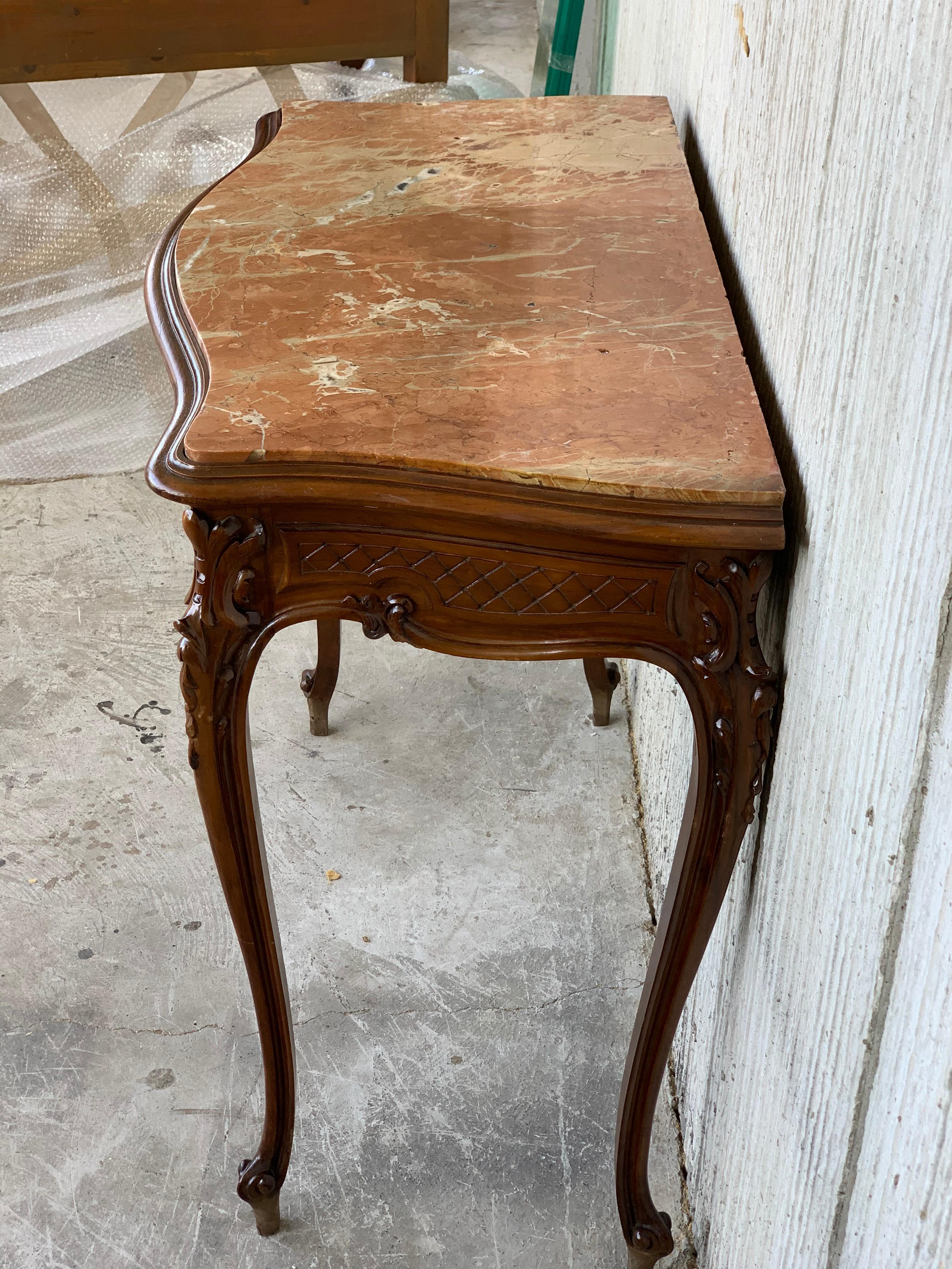 19th Century 20th French Century Marble Top Walnut Console Table with Drawer For Sale