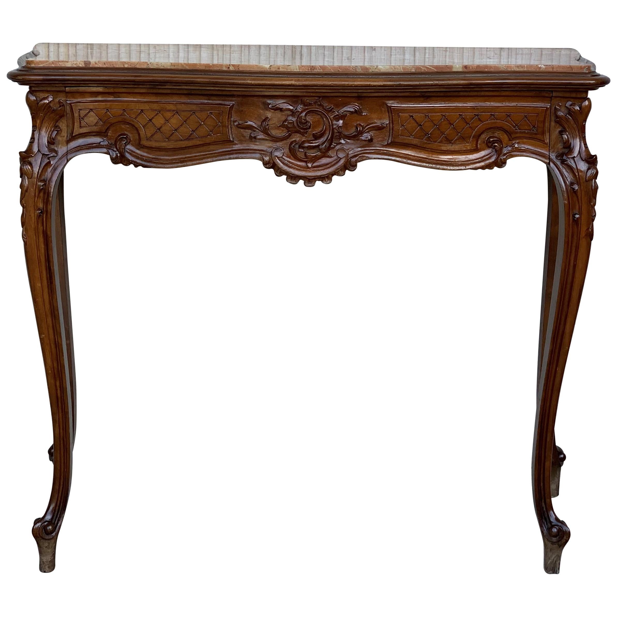 20th French Century Marble Top Walnut Console Table with Drawer