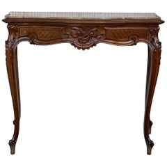 20th French Century Marble Top Walnut Console Table with Drawer