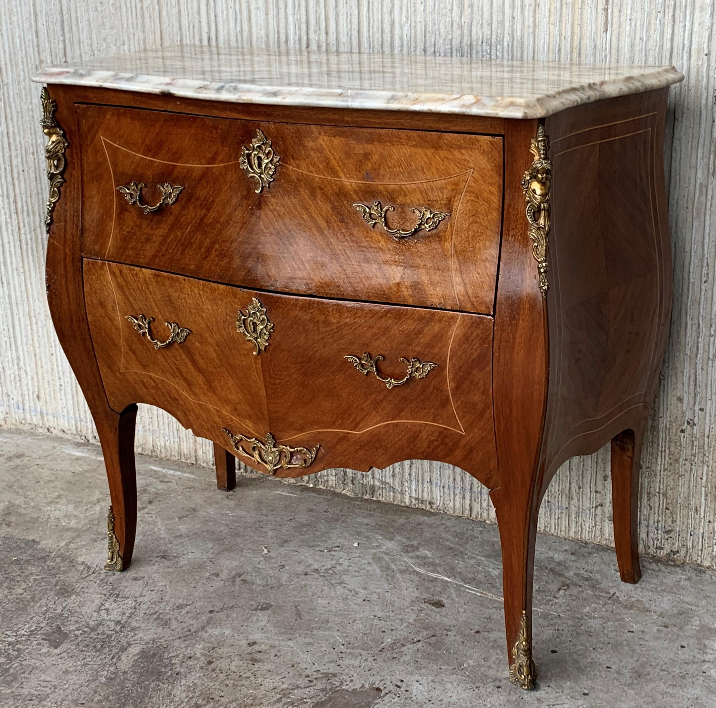 20th Century French Louis XV Marble-Top Bombe Chest or Commode with Two Drawers In Good Condition For Sale In Miami, FL