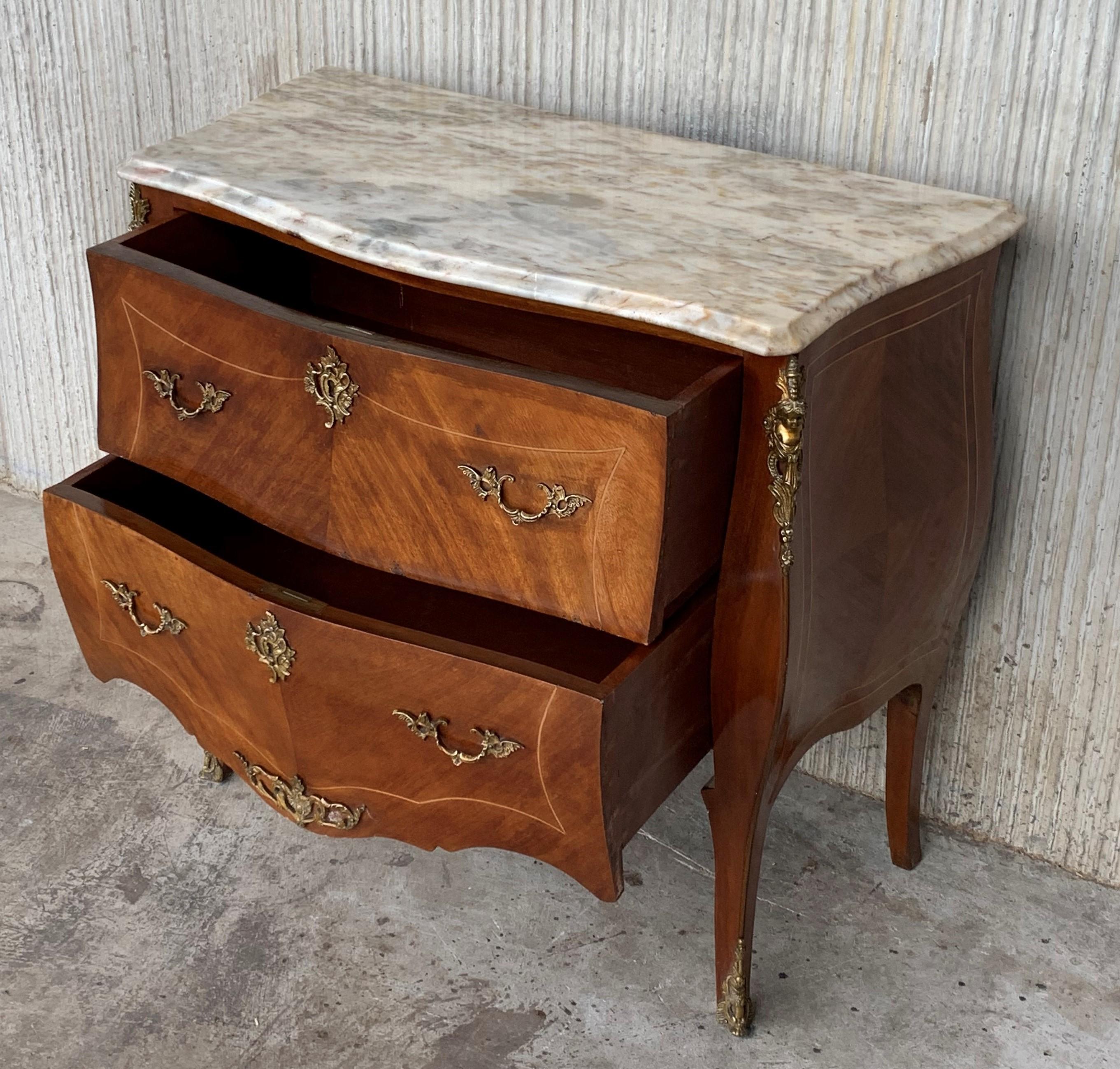 Bronze 20th Century French Louis XV Marble-Top Bombe Chest or Commode with Two Drawers For Sale