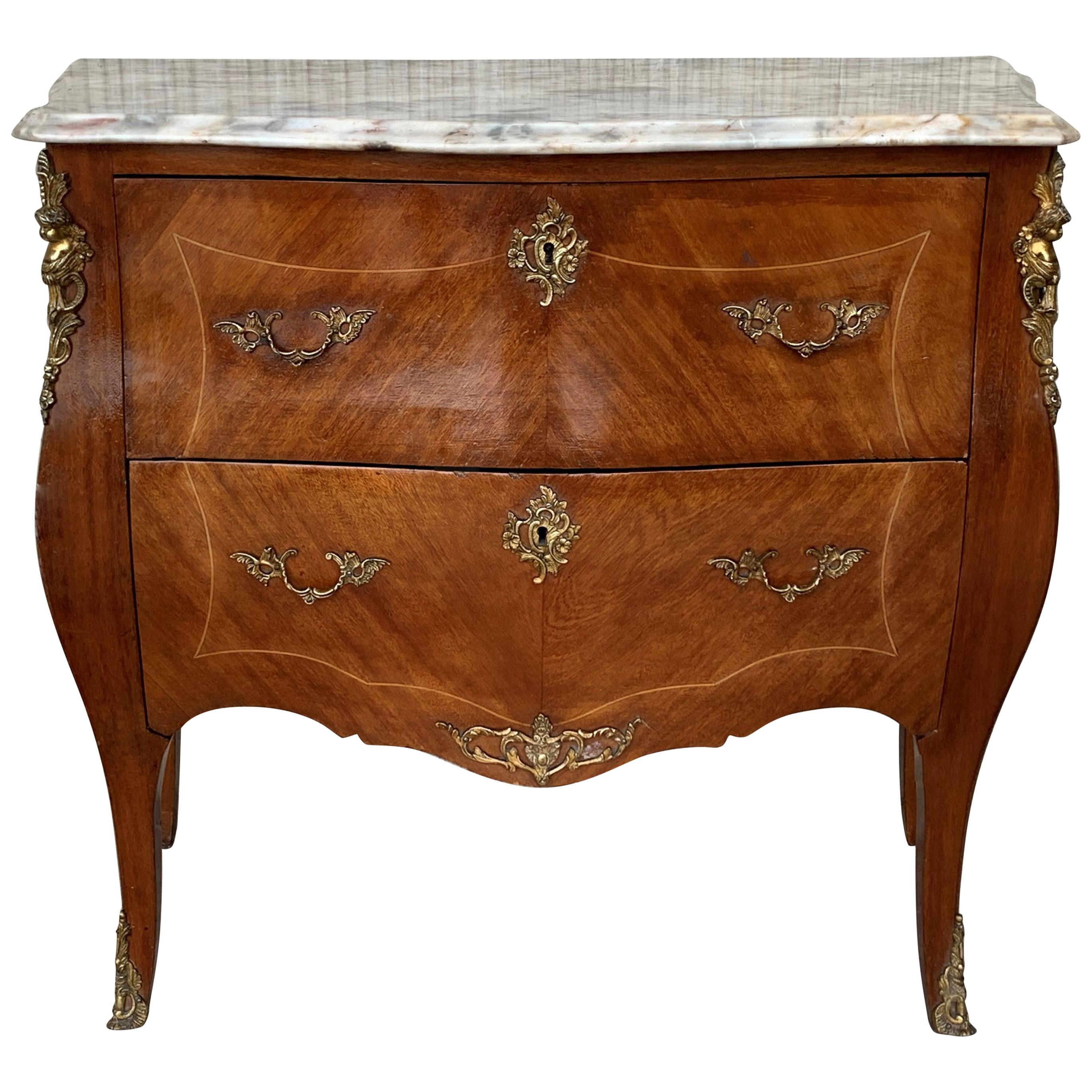 20th Century French Louis XV Marble-Top Bombe Chest or Commode with Two Drawers