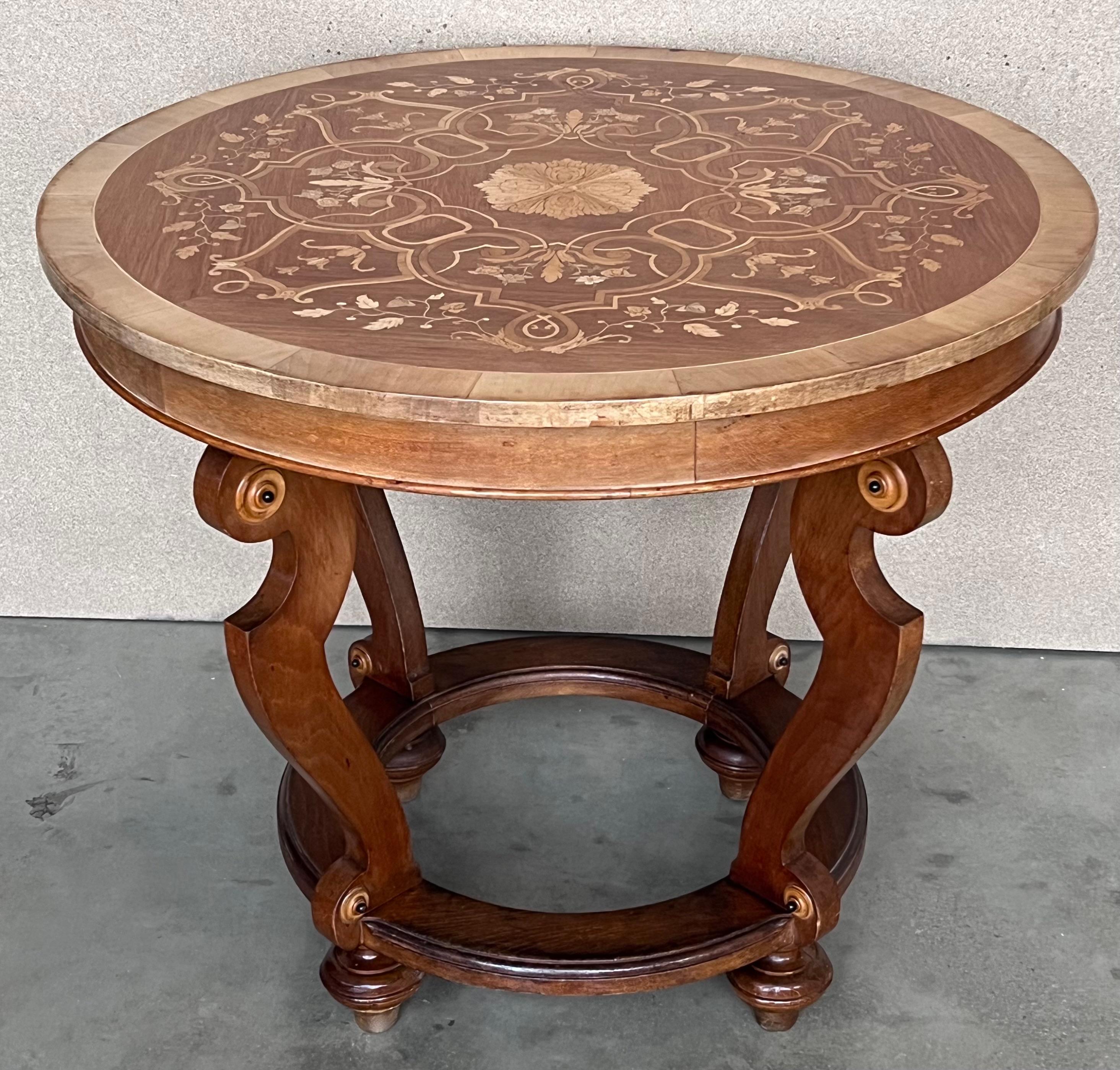 20th French Marquetry Round Center Table with Four Cabriole Legs '2 Available' In Good Condition For Sale In Miami, FL