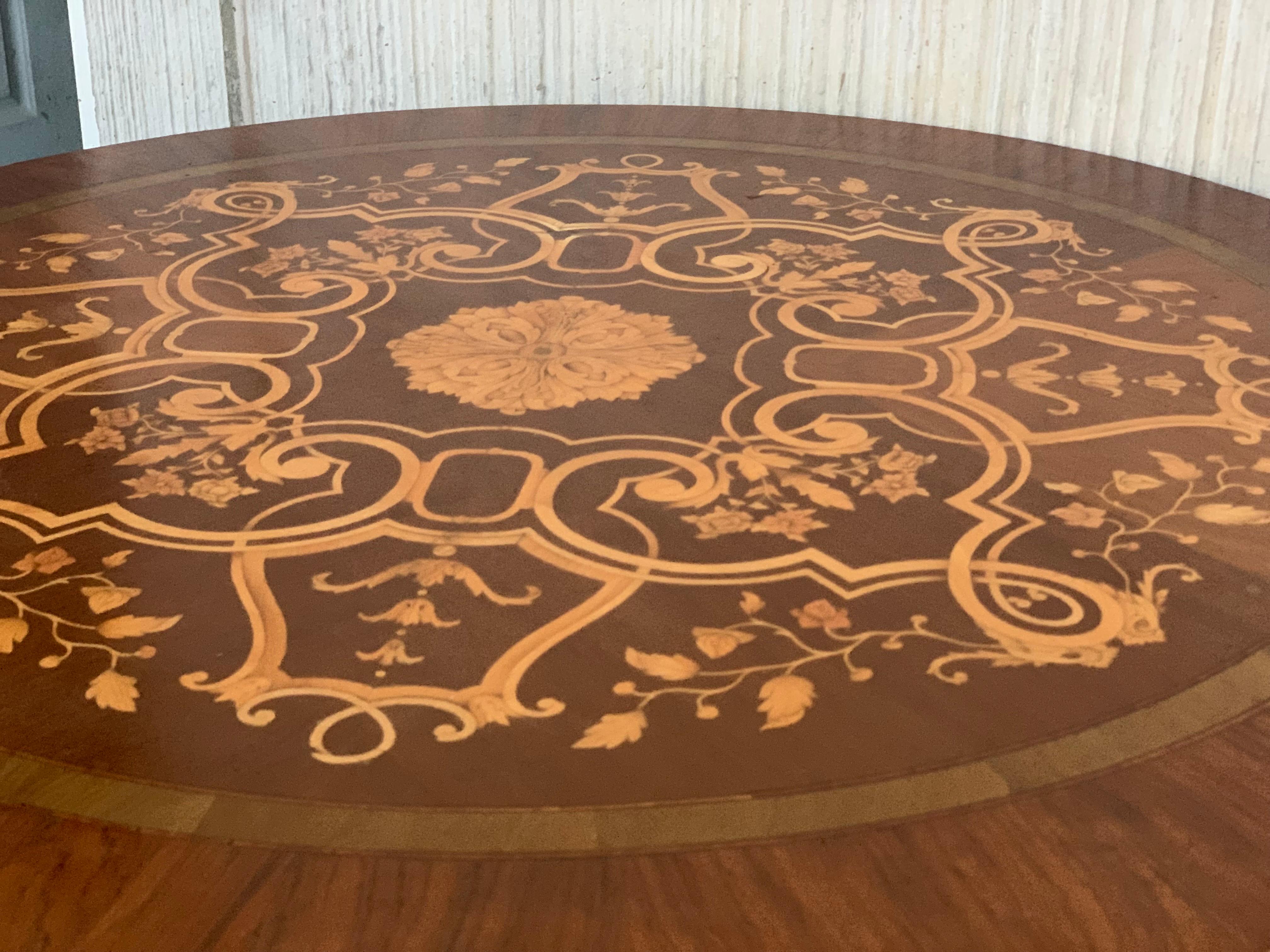 Neoclassical 20th French Marquetry Round Center Table with Four Cabriole Legs