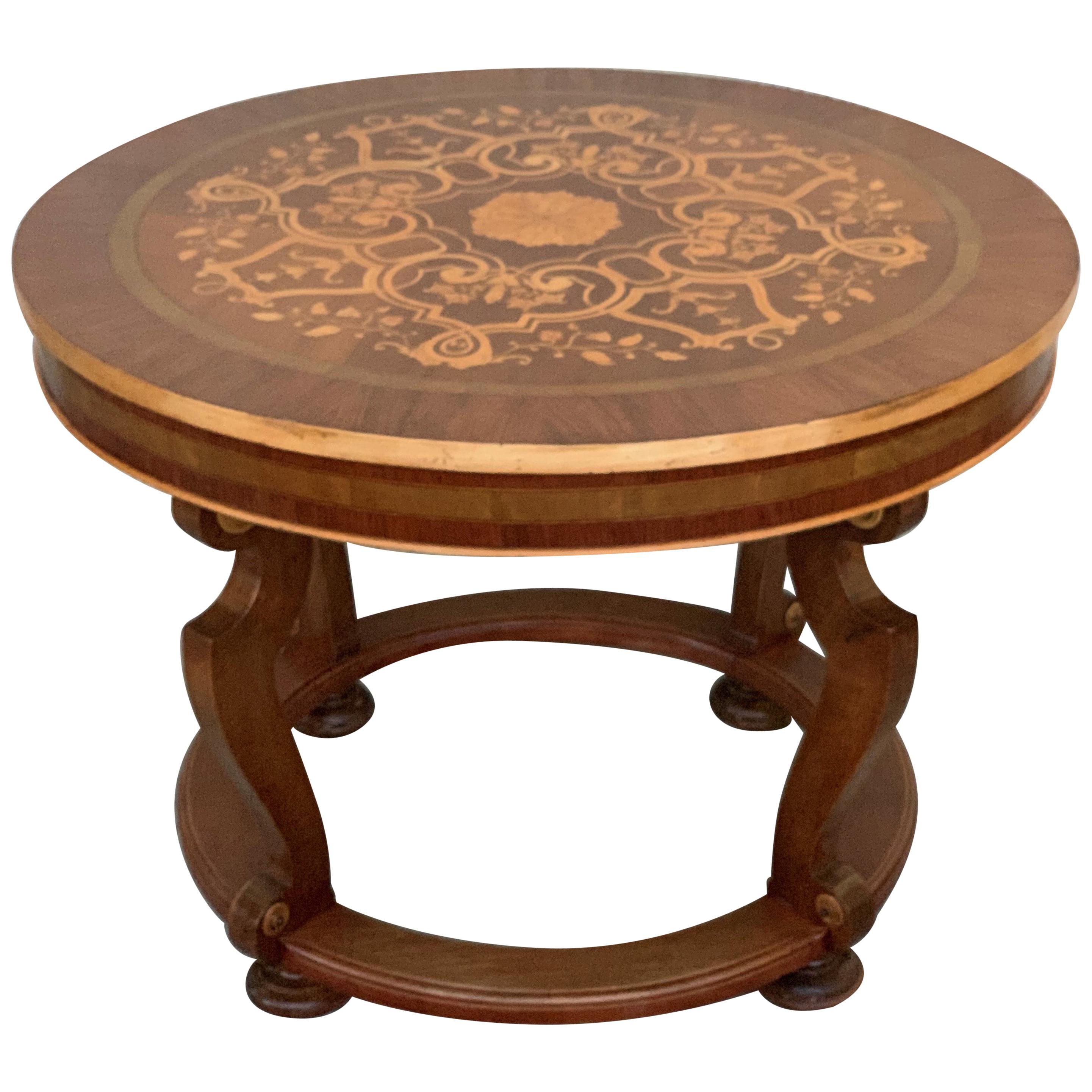 20th French Marquetry Round Center Table with Four Cabriole Legs