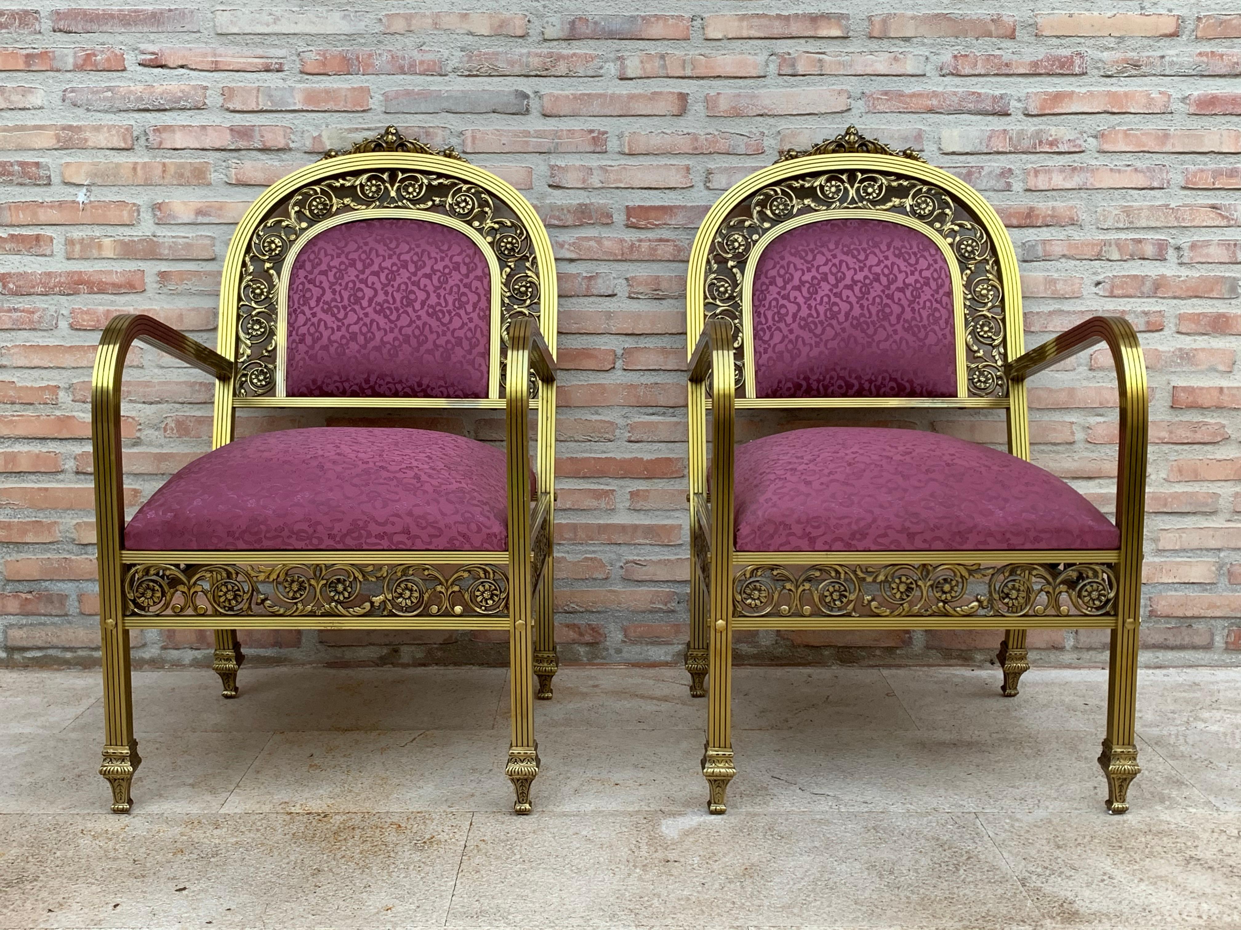 French pair of midcentury gold brass and bronze chairs with red upholstery
Very comfortable chairs with seat and back reupholstered.