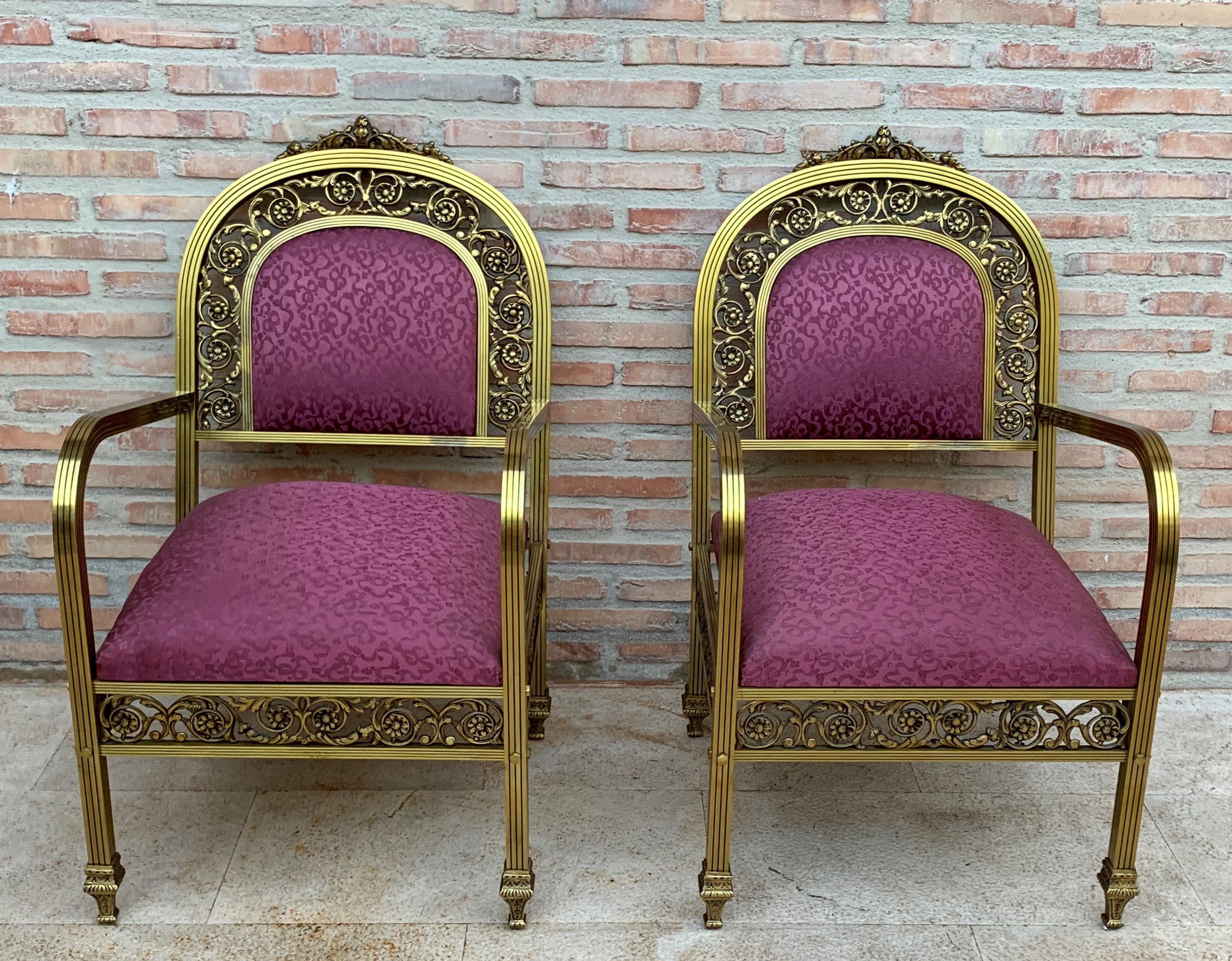 Mid-Century Modern 20th Century French Pair of Gold Brass and Bronze Armchairs with Red Upholstery For Sale