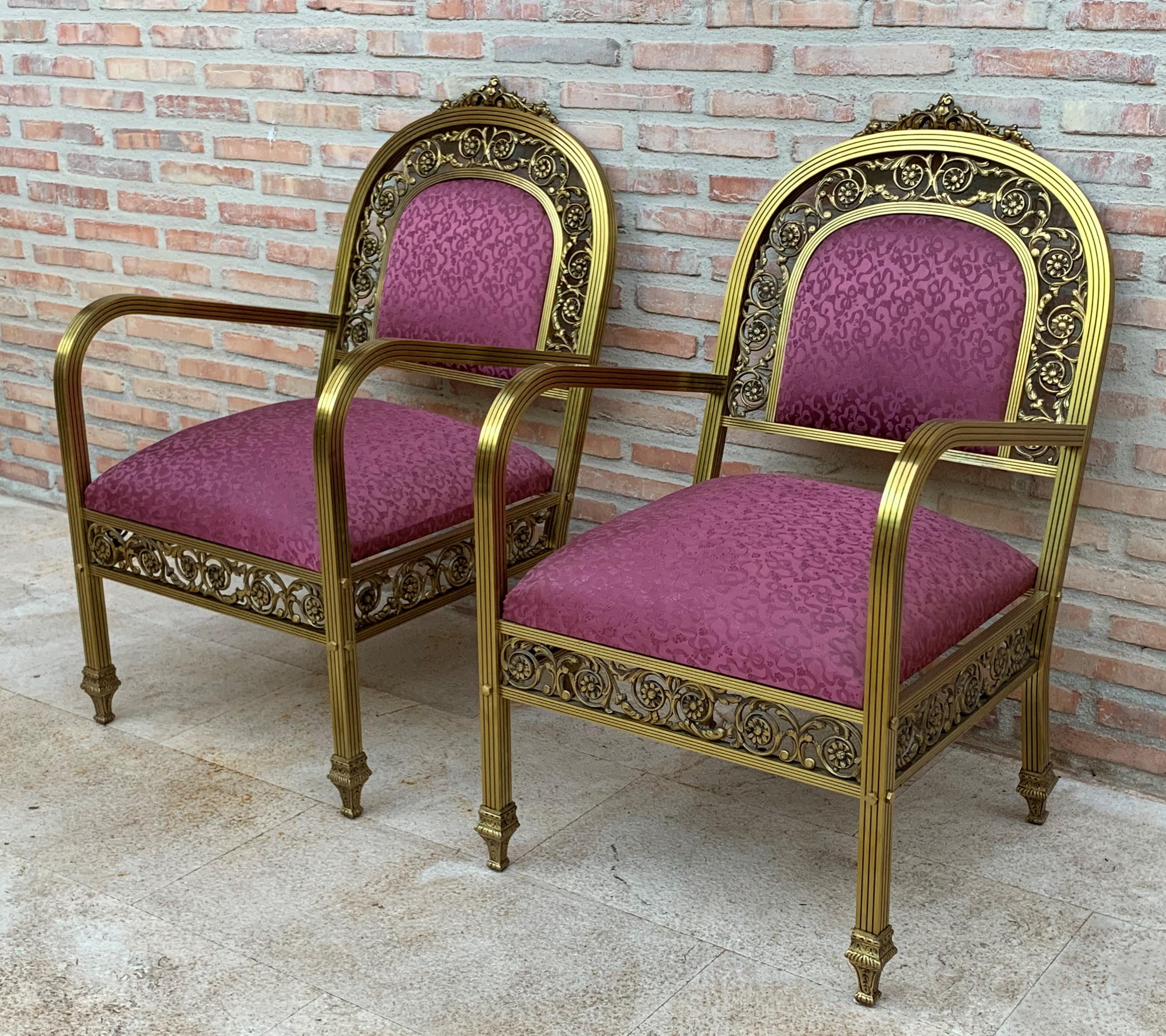 20th Century French Pair of Gold Brass and Bronze Armchairs with Red Upholstery In Good Condition For Sale In Miami, FL