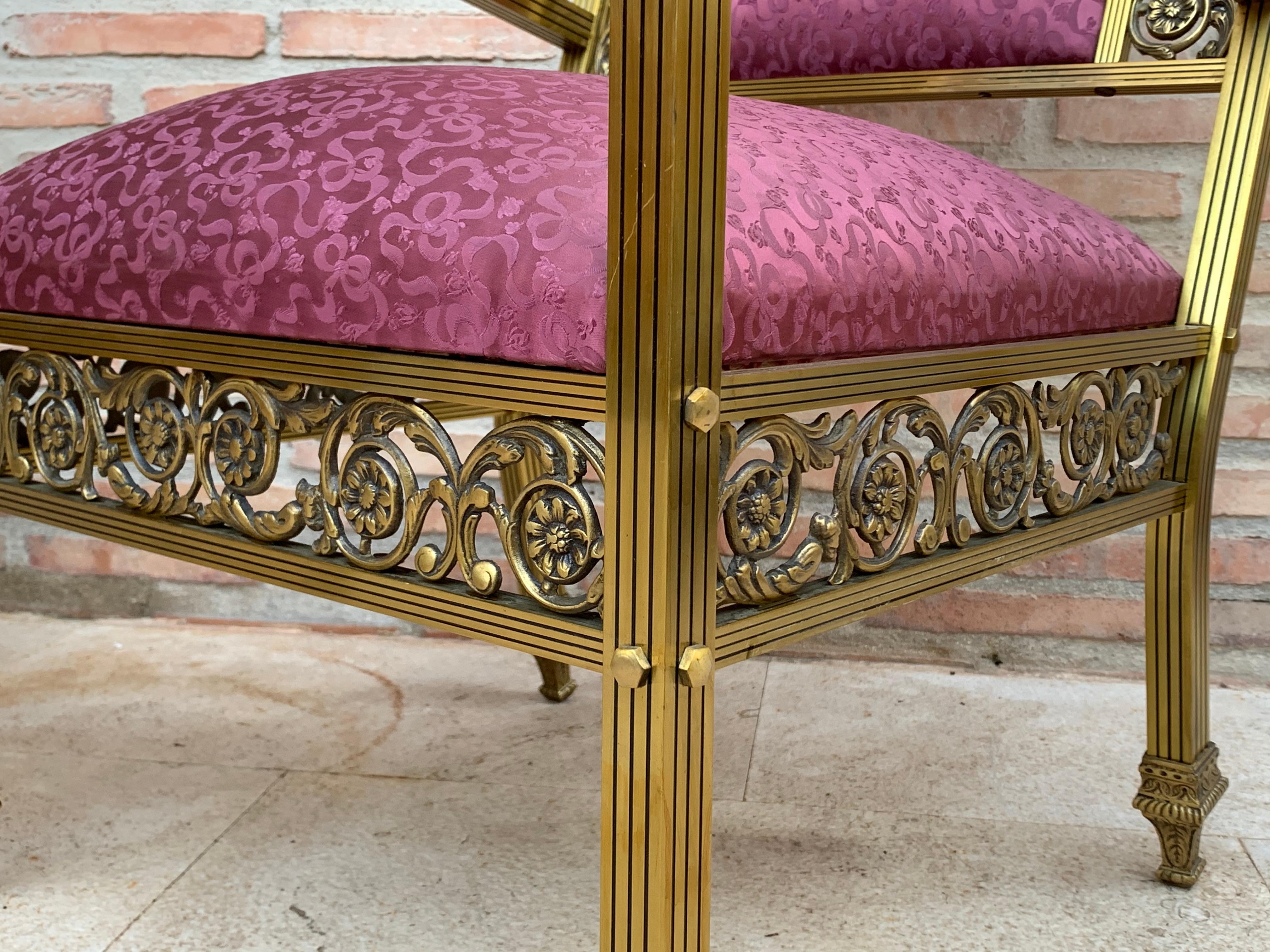 20th Century French Pair of Gold Brass and Bronze Armchairs with Red Upholstery For Sale 5