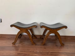 French Pair of Foot Stools in Walnut and Black Leather Seat with Tacks