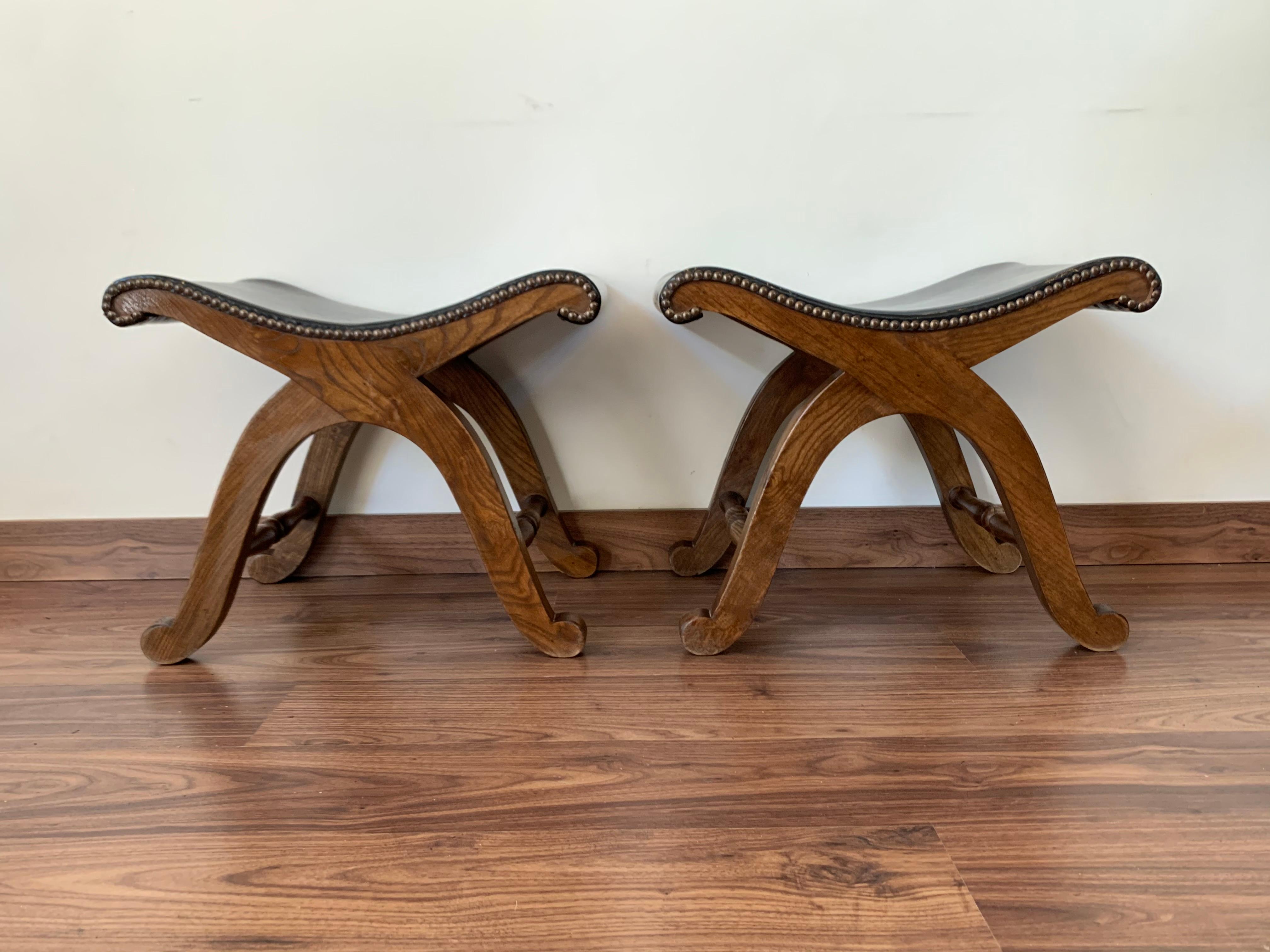 French Provincial French Pair of Foot Stools in Walnut and Black Leather Seat with Tacks