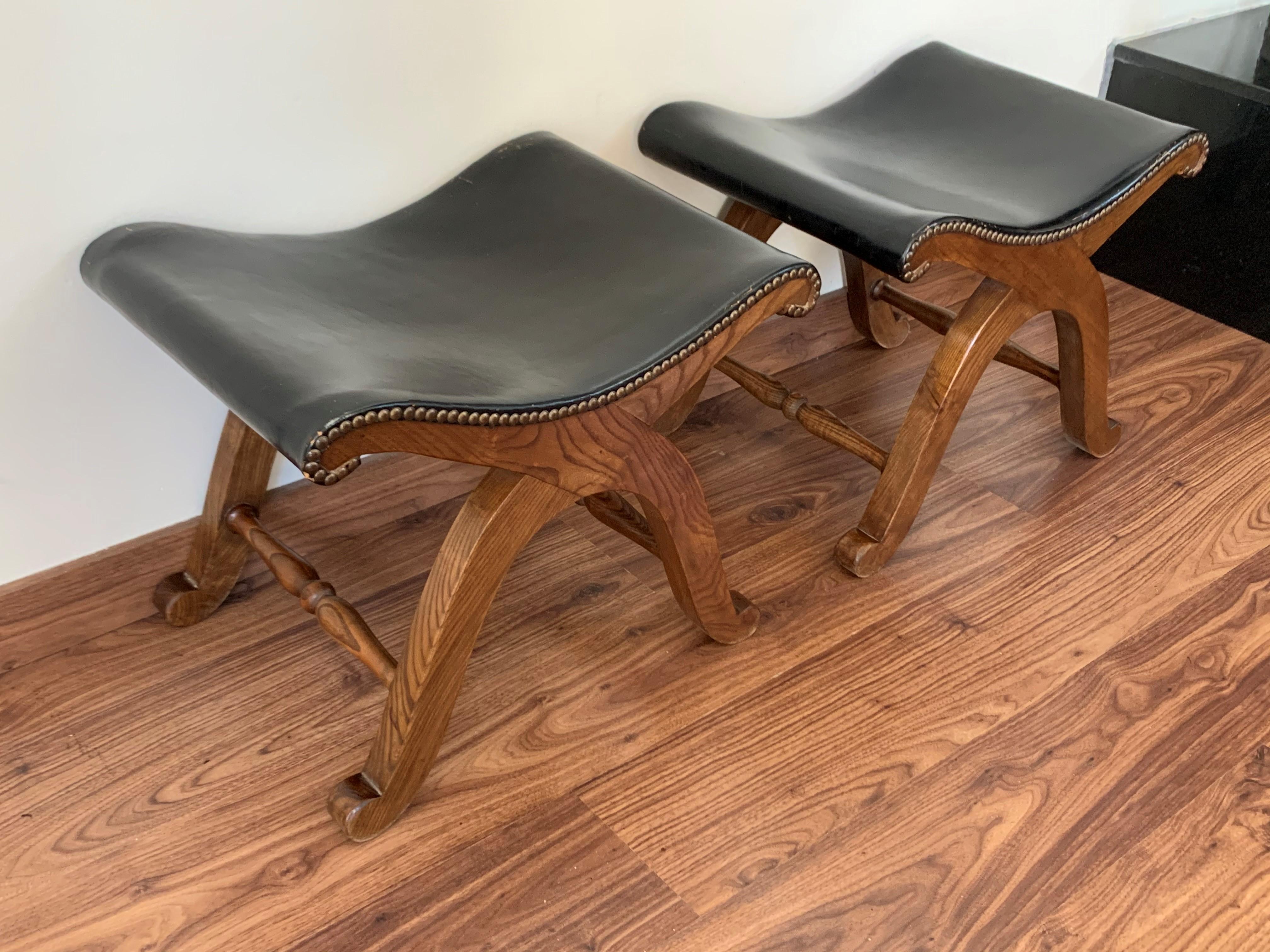 Bronze French Pair of Foot Stools in Walnut and Black Leather Seat with Tacks