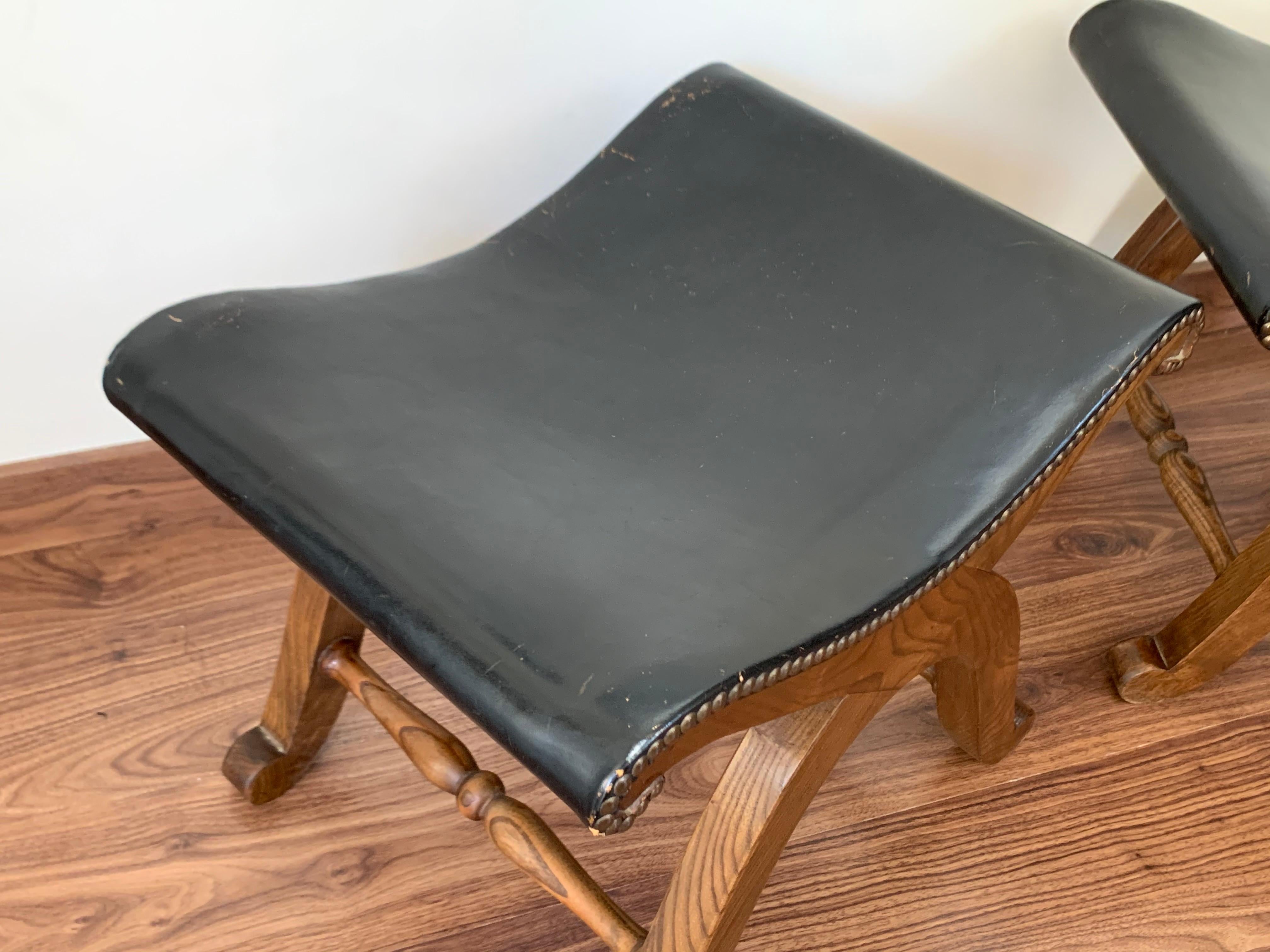 French Pair of Foot Stools in Walnut and Black Leather Seat with Tacks 1