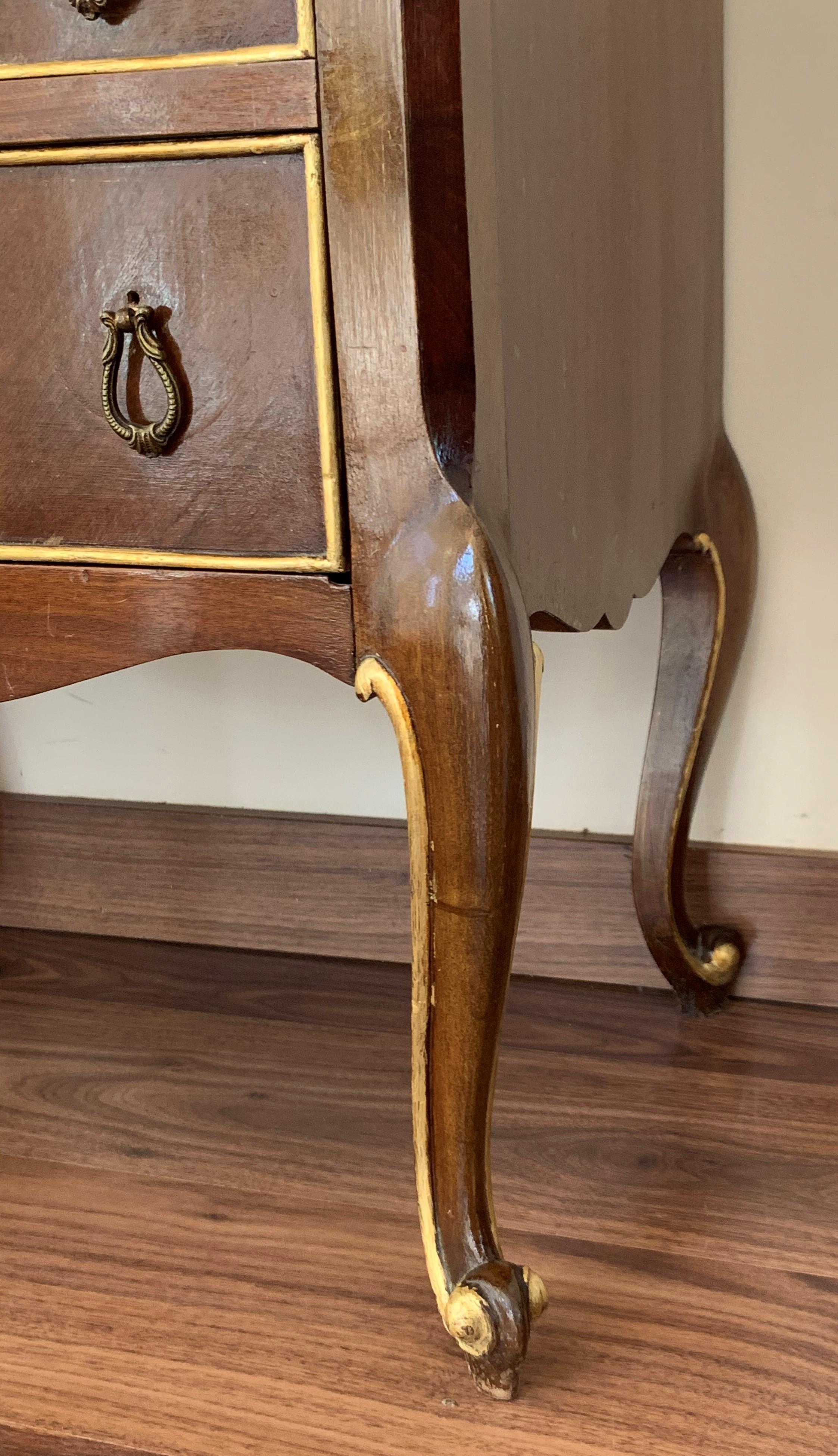 20th French Pair of Walnut Nightstands with Three Drawers and Black Marble Top 5