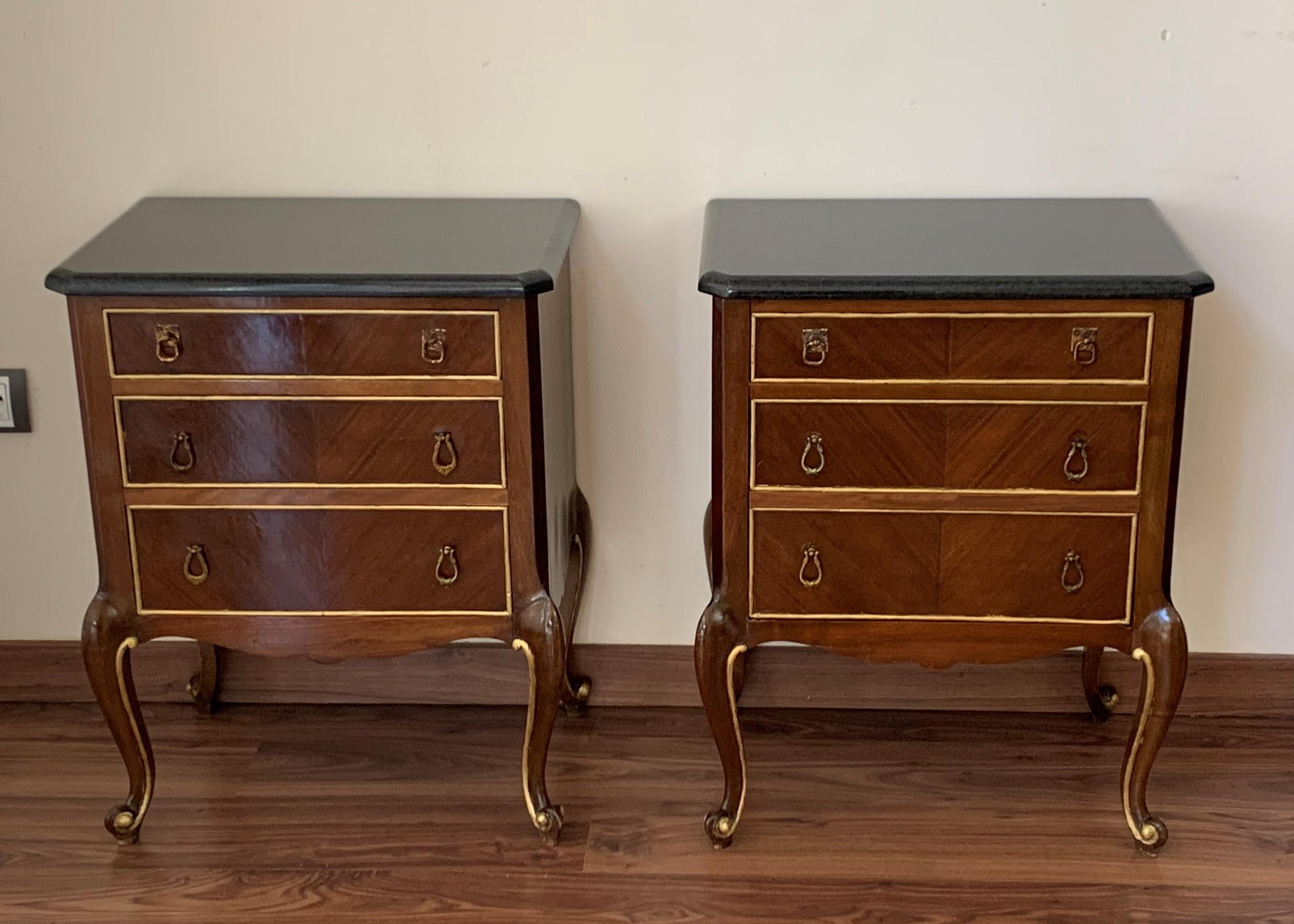 French Provincial 20th French Pair of Walnut Nightstands with Three Drawers and Black Marble Top