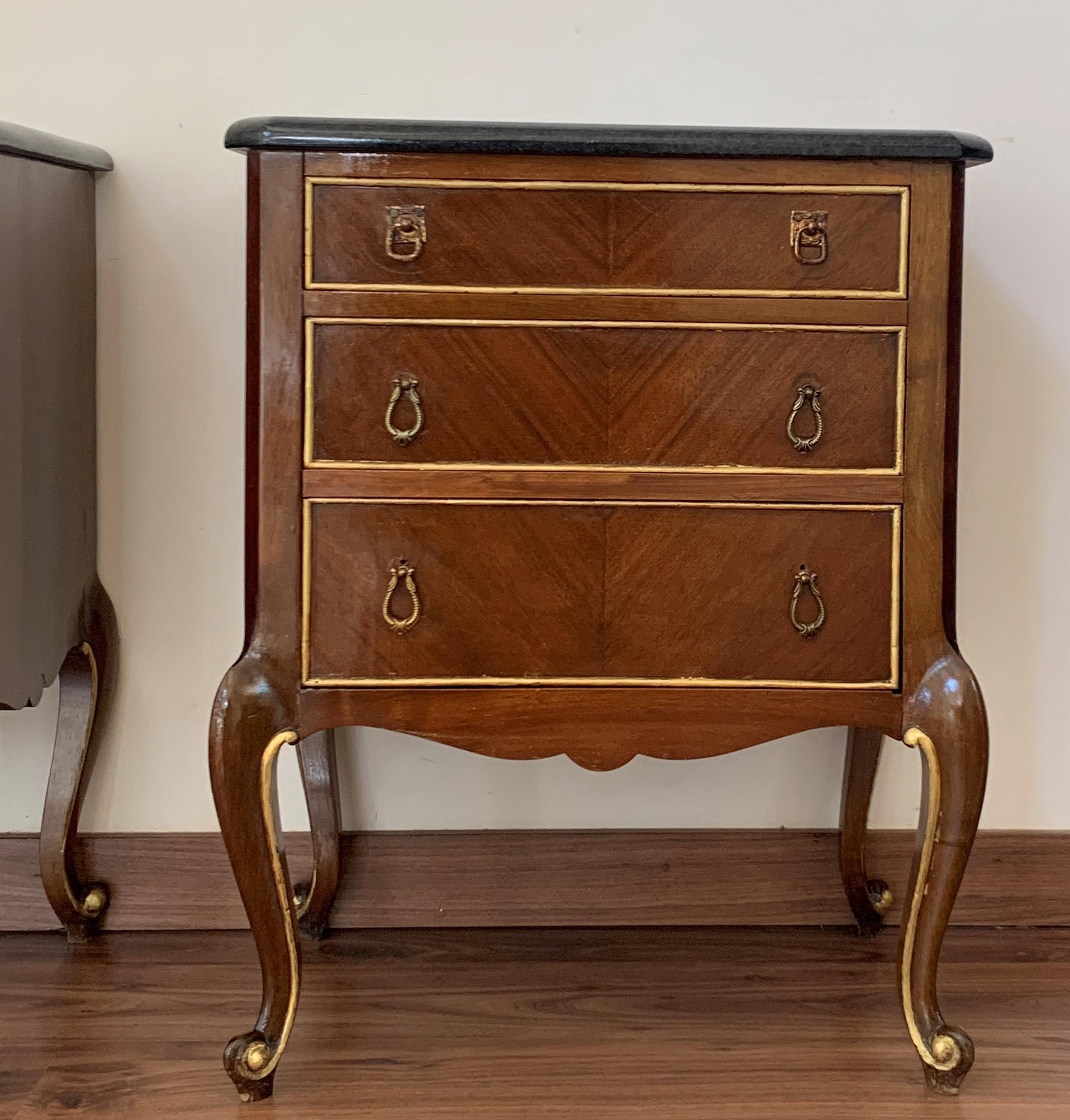 20th Century 20th French Pair of Walnut Nightstands with Three Drawers and Black Marble Top