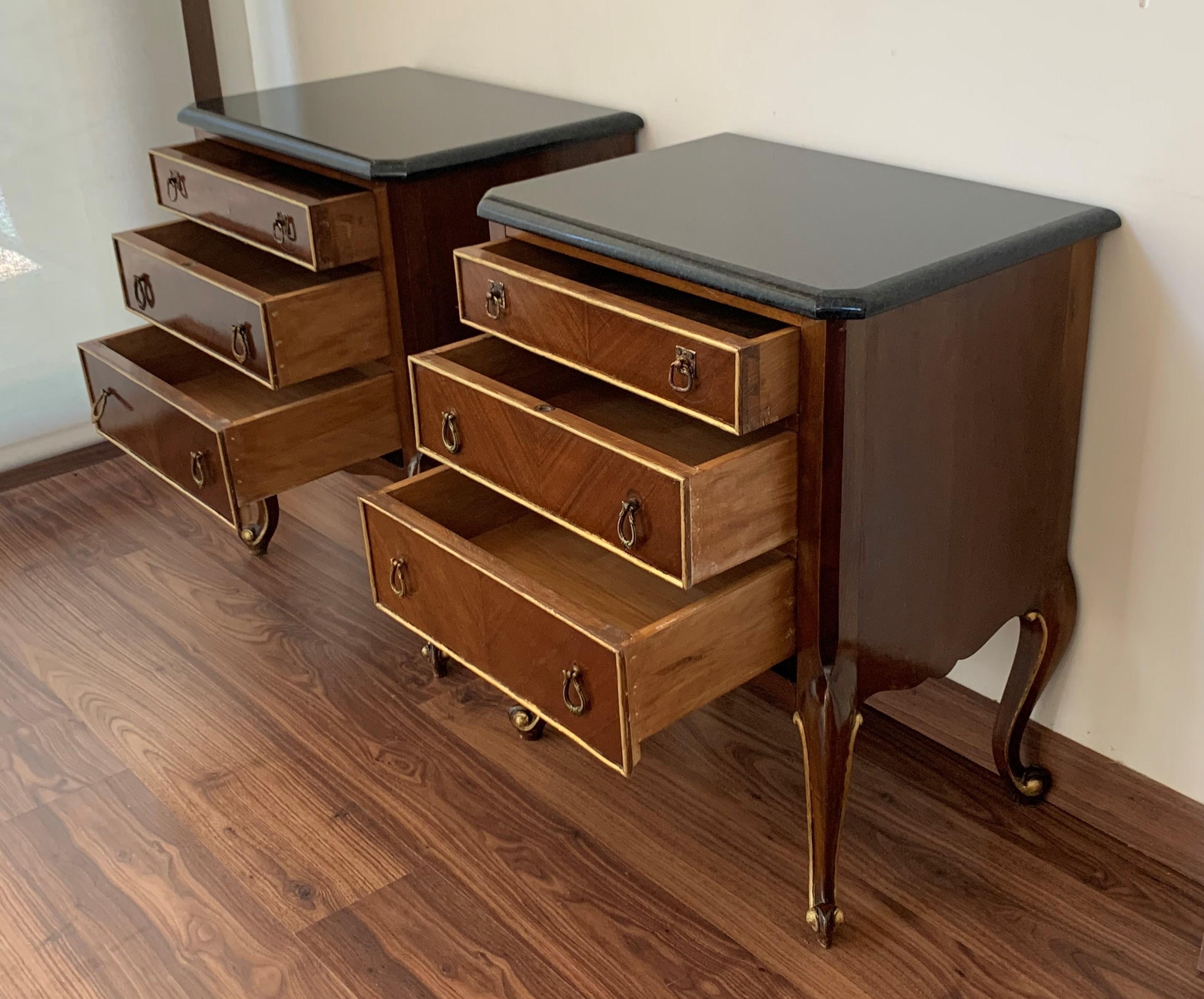 Bronze 20th French Pair of Walnut Nightstands with Three Drawers and Black Marble Top