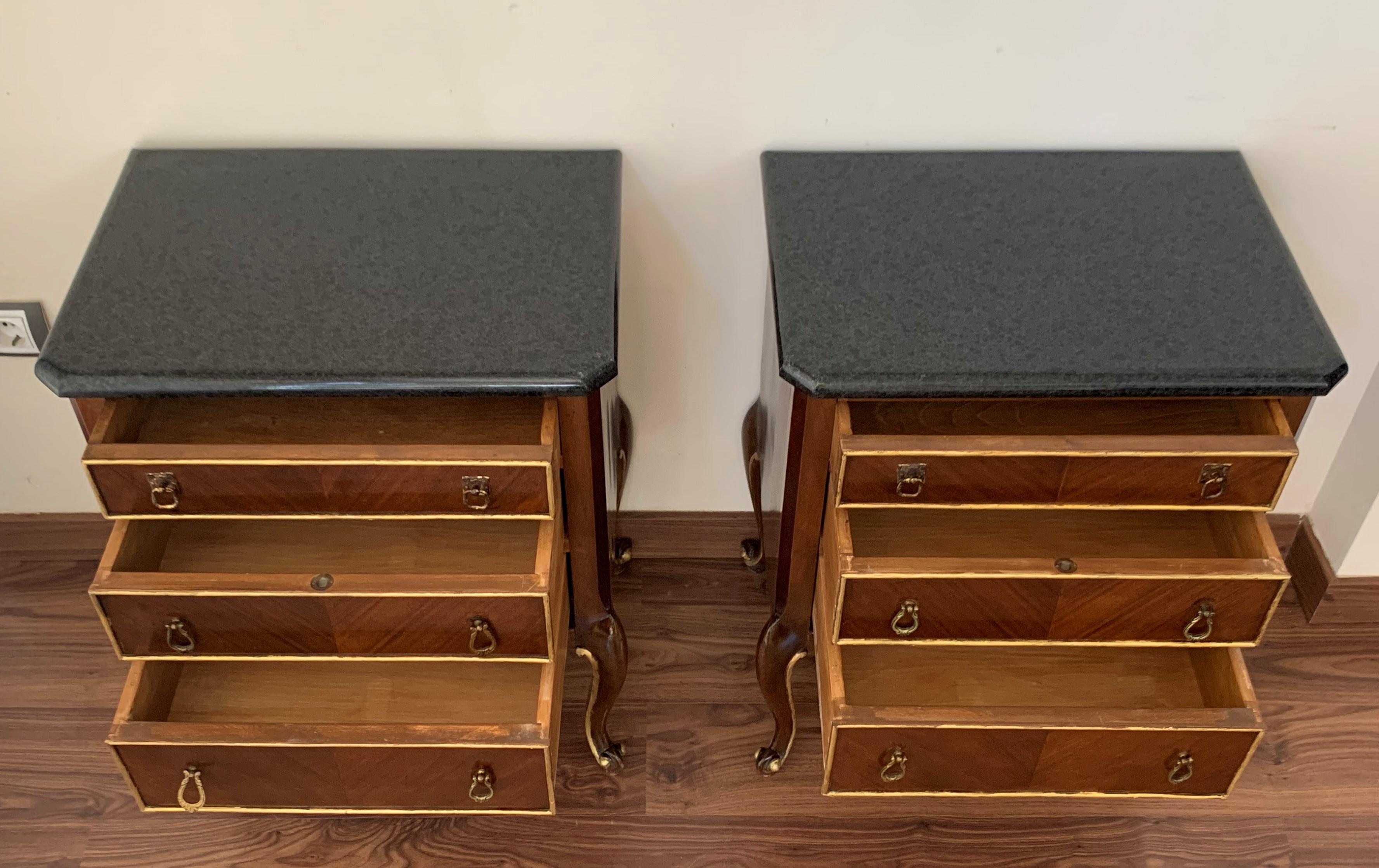 20th French Pair of Walnut Nightstands with Three Drawers and Black Marble Top 1