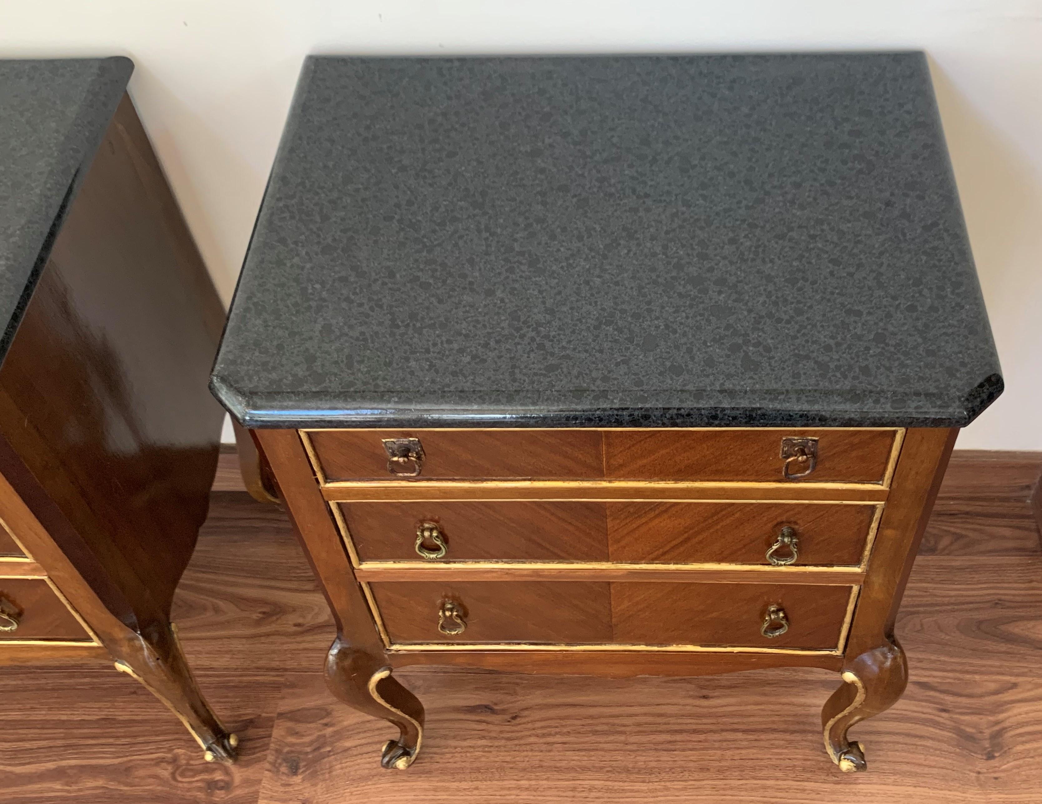 20th French Pair of Walnut Nightstands with Three Drawers and Black Marble Top 2