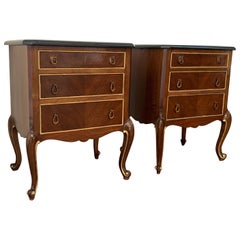 20th French Pair of Walnut Nightstands with Three Drawers and Black Marble Top