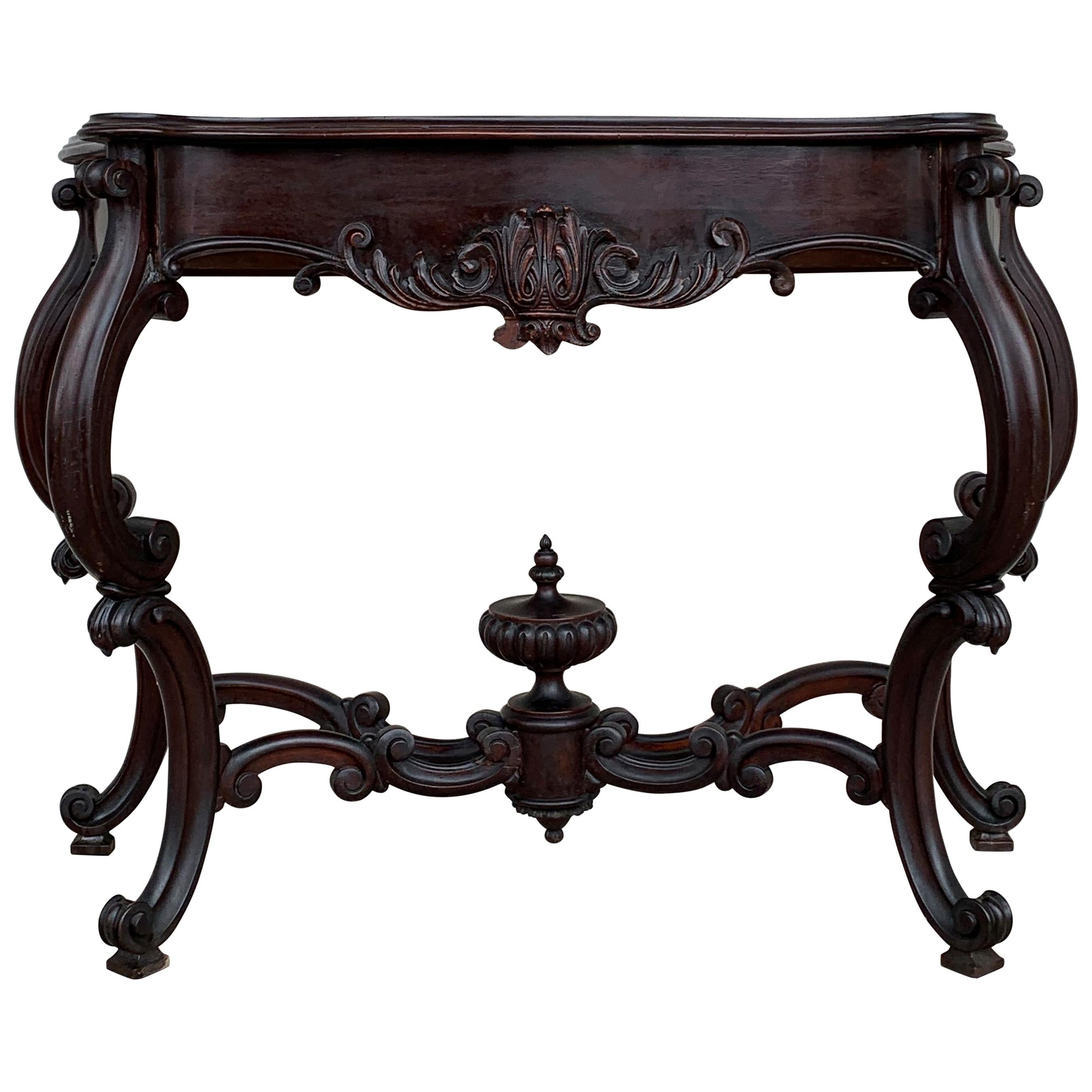 Table console de style Régence française du XXe siècle en noyer sculpté avec tiroir