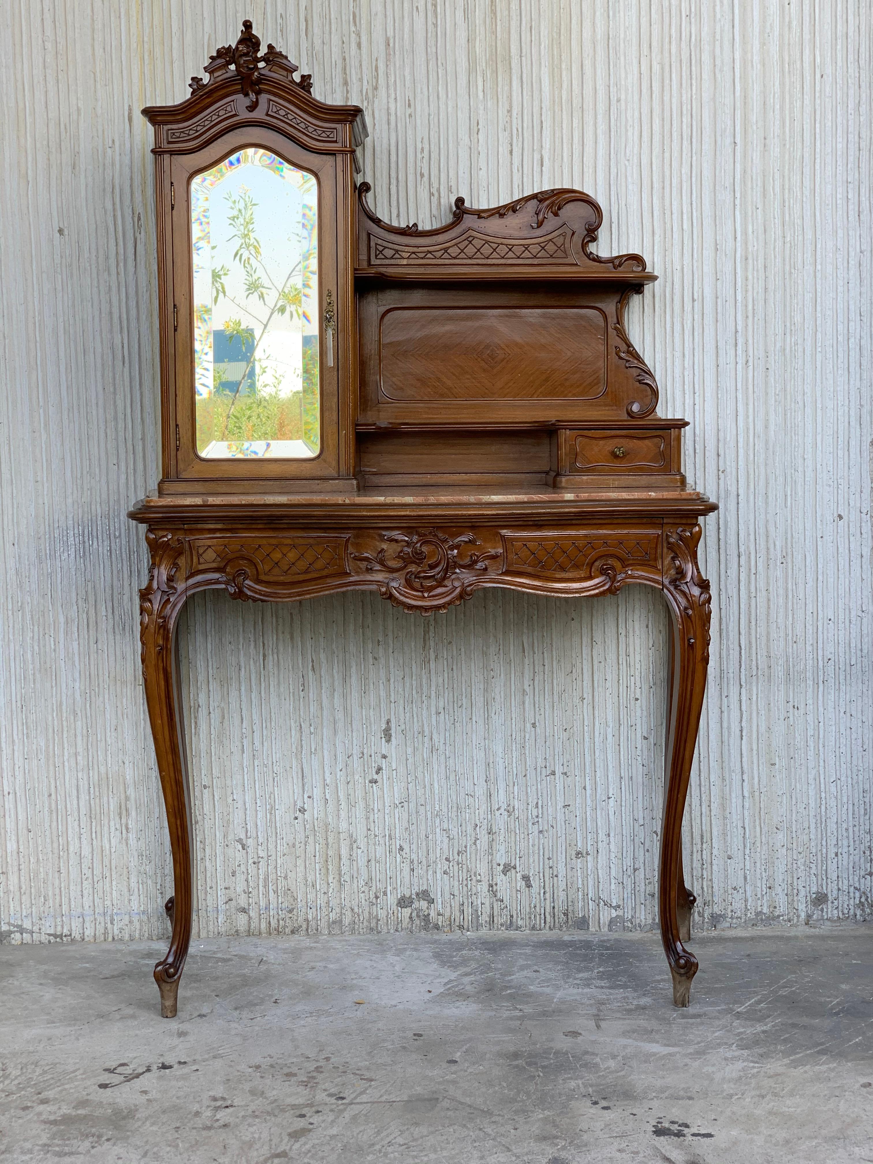20th Century French Set of Marble-Top Walnut Dressing Table and Savonarola In Good Condition In Miami, FL